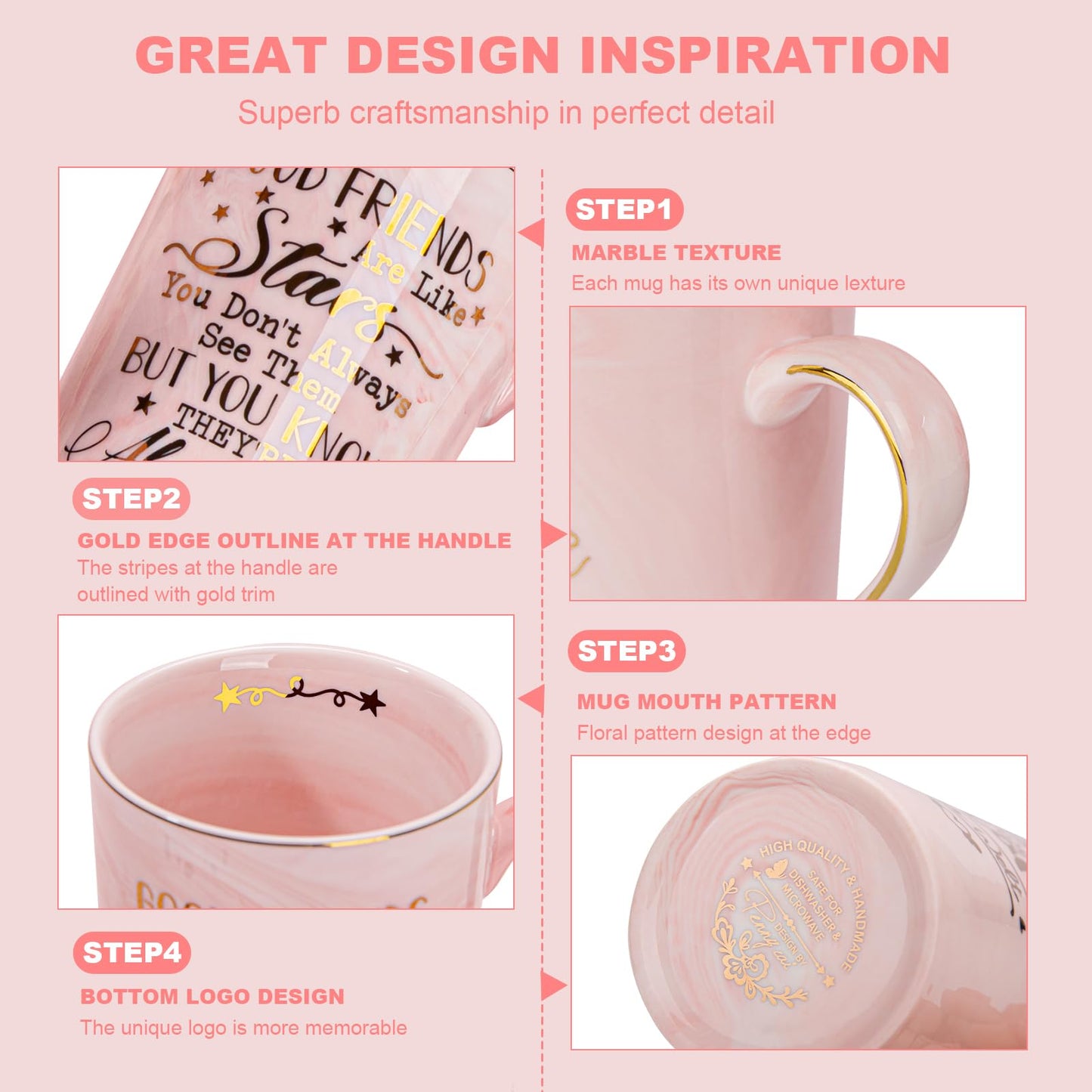 Best Friend Birthday Gifts for Women, Friendship Gifts for Women, Unique Mothers Day Birthday Gift Ideas for Her, Friends Female, Besties, BFF Ceramic Marble Coffee Mug Gift Box Printed Gold 14 oz