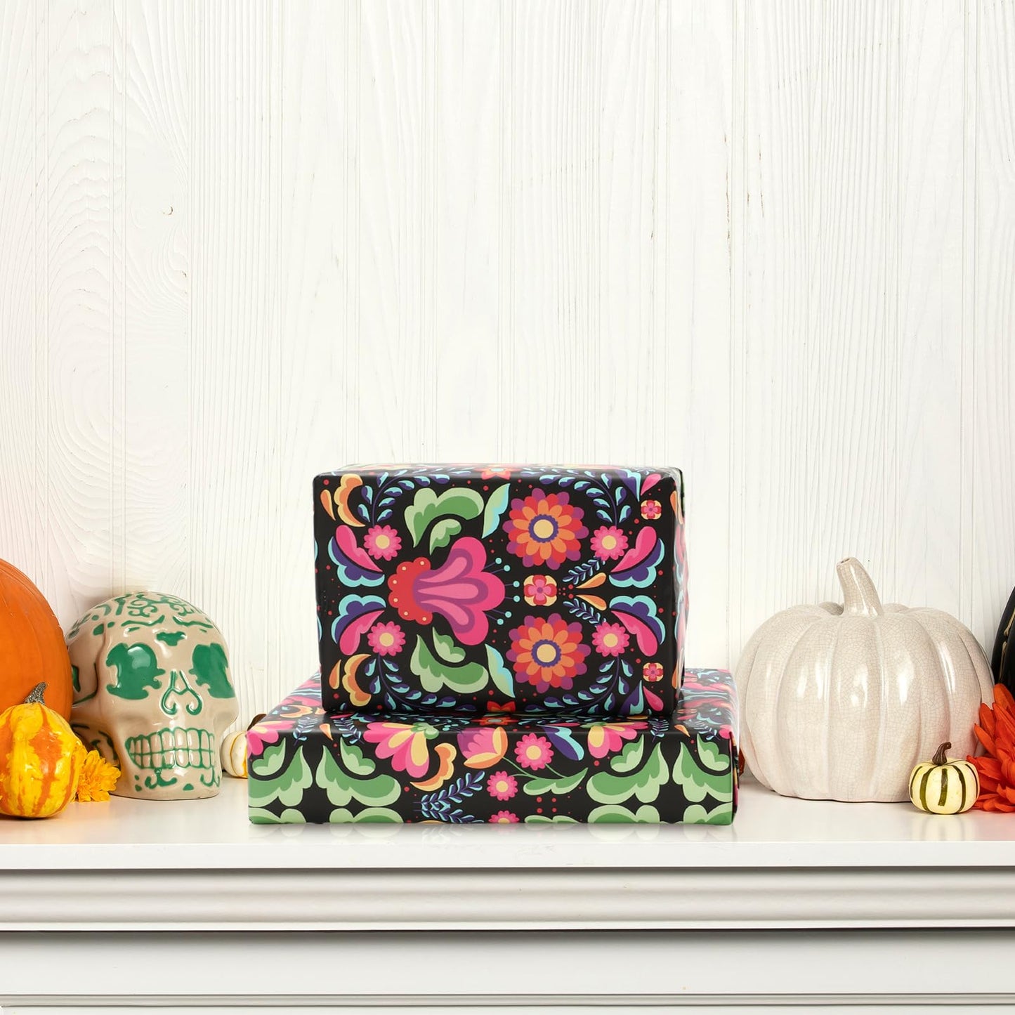 JarThenaAMCS Halloween Wrapping Paper -Mini Roll- 17in x 32.8Ft Day of The Dead Mexican Floral Gift Wrap Paper for Party Wrapping Supplies
