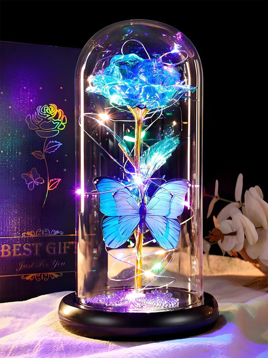 DEEMEI Mothers Day Birthday Gift for Mom from Daughter Son Blue Rose Eternal Flower Light Up Rose in Glass Dome with Butterfly, Mother's Flowers Gifts for Mom Women Wife Grandma Delivery Prime