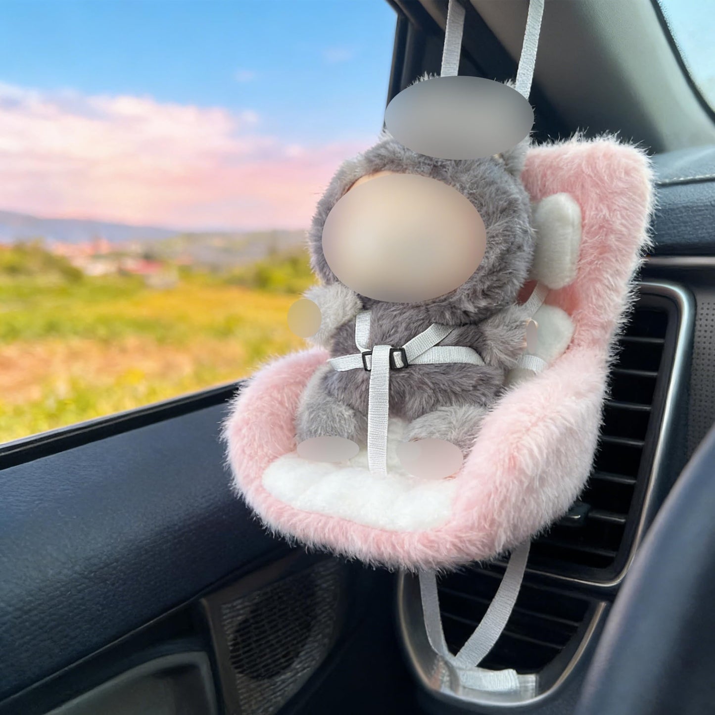 SwiftServ Doll Car Seat for 3–8 inch Figures, Fits Character Plushes, Blind Box Dolls & Vinyl Collectibles, Includes Air Vent Clip & Desktop Stand, Car Ornament for Collectors (Strawberry Ice Cream)