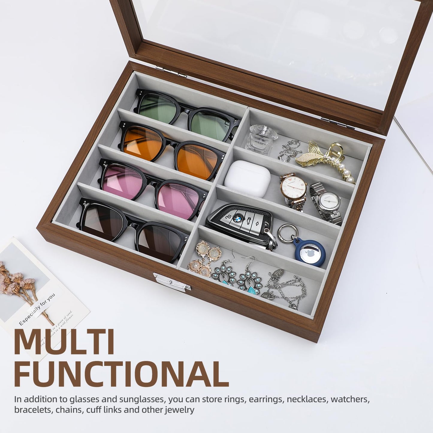 Baojulong Wooden Sunglasses Organizer Box, Eyewear Display Eyeglass Case for Men Women, Glasses Storage Box Sunglass Holder Gifts (8 Slots)