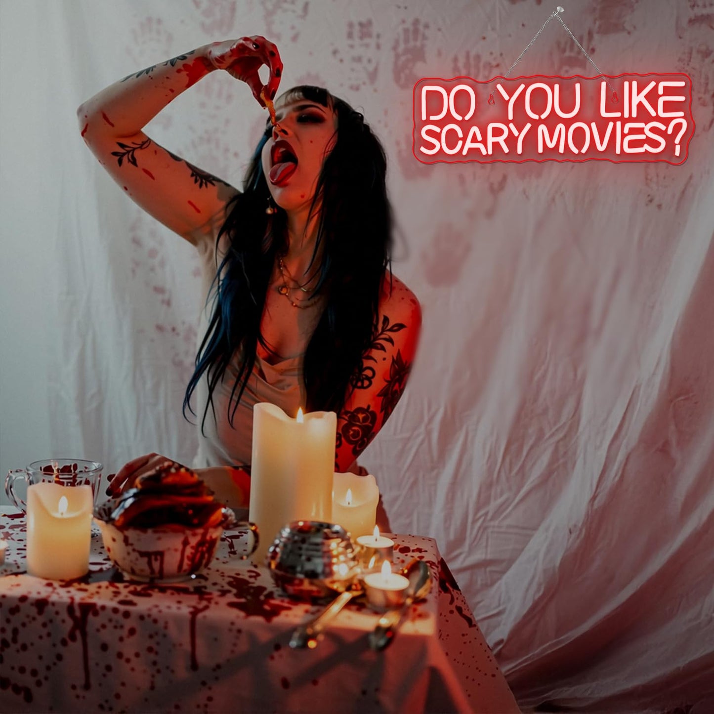 FAXFSIGN Do You Like Scary Movies Neon Sign Horror Cinema Neon Signs for Wall Decor LED Night Light for Escape Room Bar Club Party Teen Boy Man Cave Game Gothic Halloween Decoration