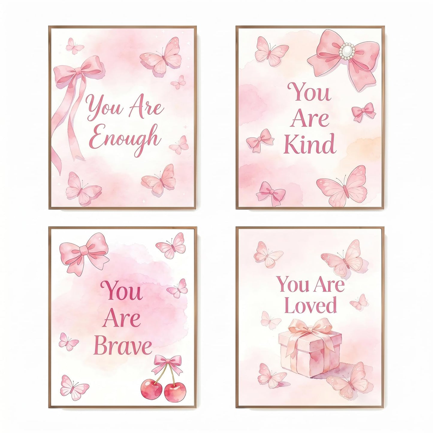 SJUDHHG Dorm Room Decor for Girls, Pink Bow & Cherry Posters, Aesthetic Prints, Ideal Birthday Graduation Gift for Girls, Cute Wall Art for College Apartment Bedroom Living Room Dorm, 8 x 10 inch Set of 4 (Unframed)