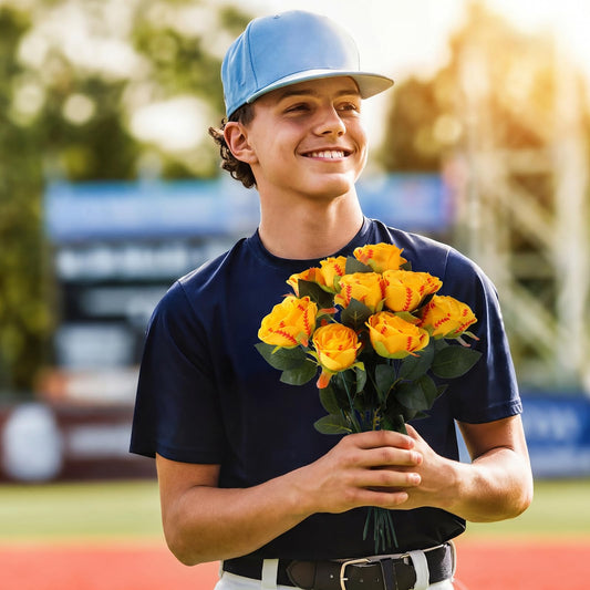 Suncalla 12 Pcs Softball Rose with Leaves Bulk Artificial Fake Roses Decor Sports Flower Gifts for Table Centerpieces Graduation Wedding Gifts Sports Theme Rose Bouquet Party Favors