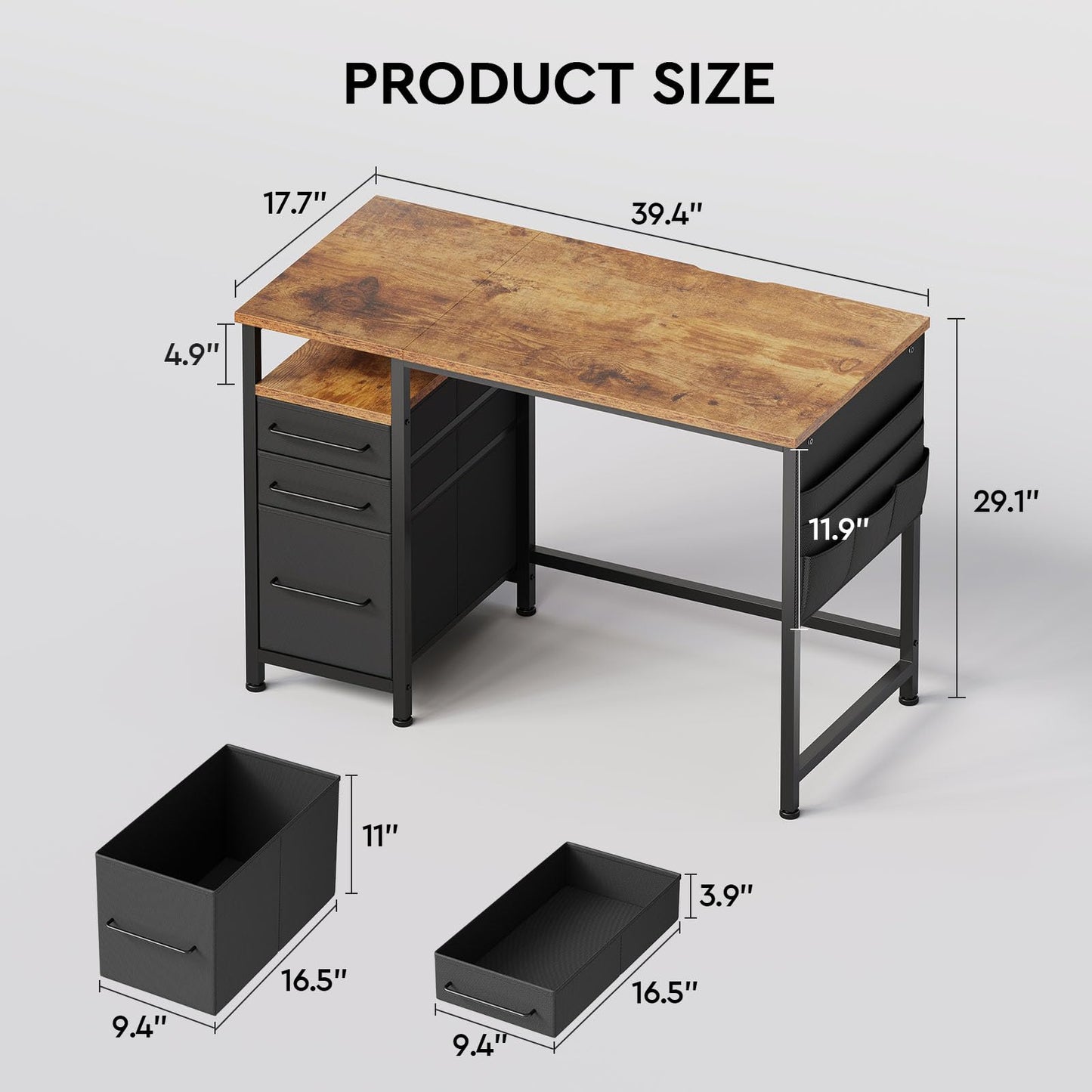 Ｍａｉｈａｉｌ Maihail Small Desk with Drawers, 40 inch Computer Desk with Shelves, Writing Desk with Storage, Small Office Desk with Metal Frame, Rustic Brown