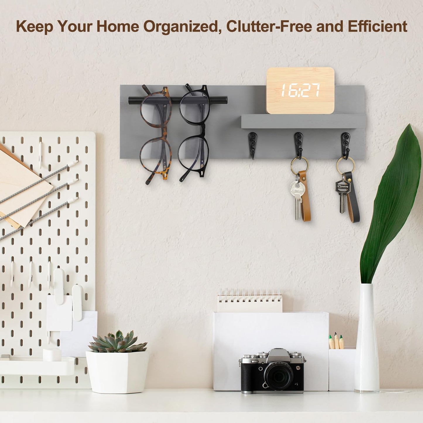Lucundm Key Holder for Wall, Decorative Entryway Shelf with Hooks Holds Keys, Dog Leash, Sunglasses – Key Hanger with 3 Hooks Organizes, Enhances Home Decor (15” x 4.5” x 2.6”) (Grey)