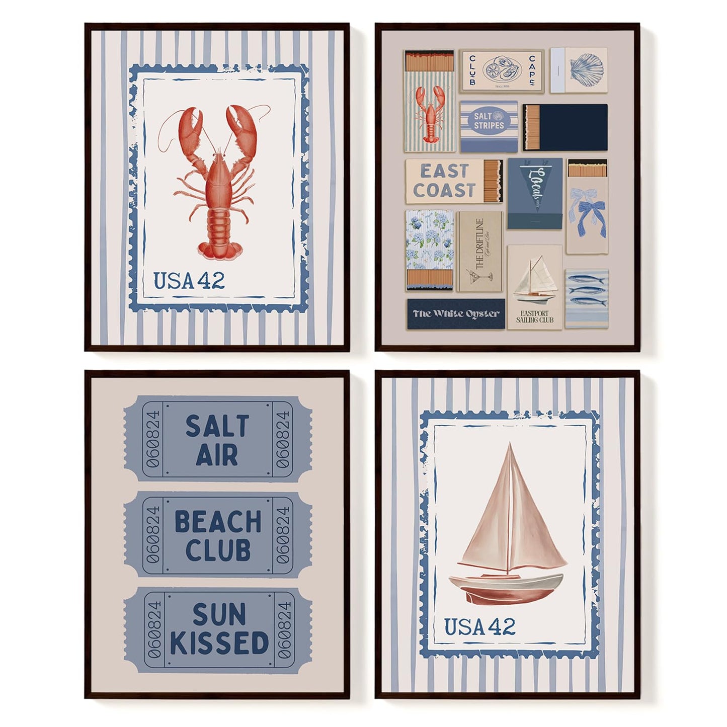 SkyCozy Coastal Beach Wall Art Decor, Preppy Grandmillennial East Coast Poster & Prints, Ocean Crawfish Sailboat Nautical Wall Art for Home Room Bedroom Dorm Decor, 8x10Inch Set of 4 (UNFRAMED)