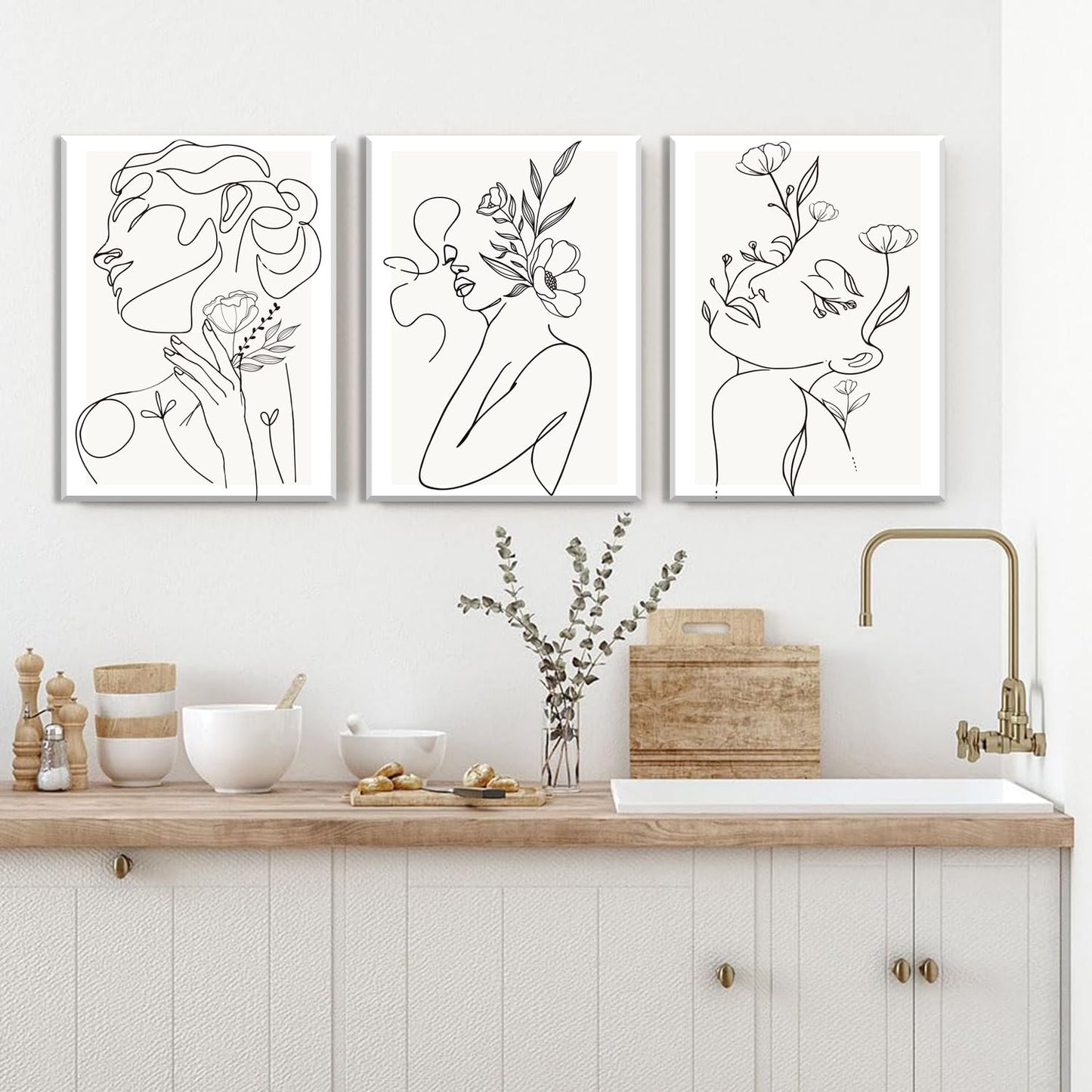 yulihaz Minimalist Woman Flower Line Wall Art Set of 3 Neutral Modern Abstract Black and White Girl Canvas Painting Poster Prints Picture Wall Decor for Bedroom Living Room Framed 12x16 inch