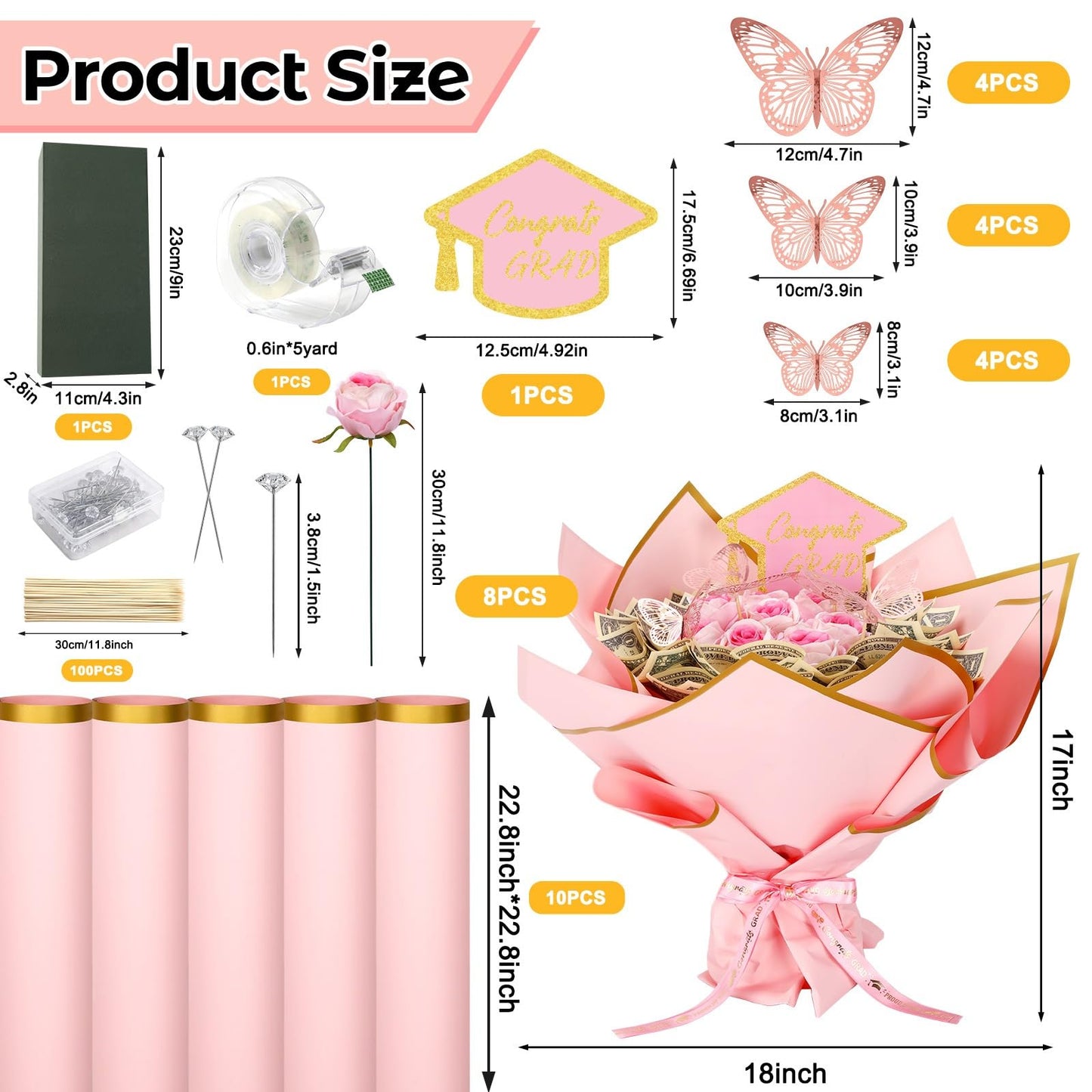 AUGSUN Graduation Money Bouquet Kit, 147 Pcs DIY Bouquet Making Supplies with Folded Bills Wrapping Paper 3D Butterflies for Graduation Gift Class of 2026 Gifts
