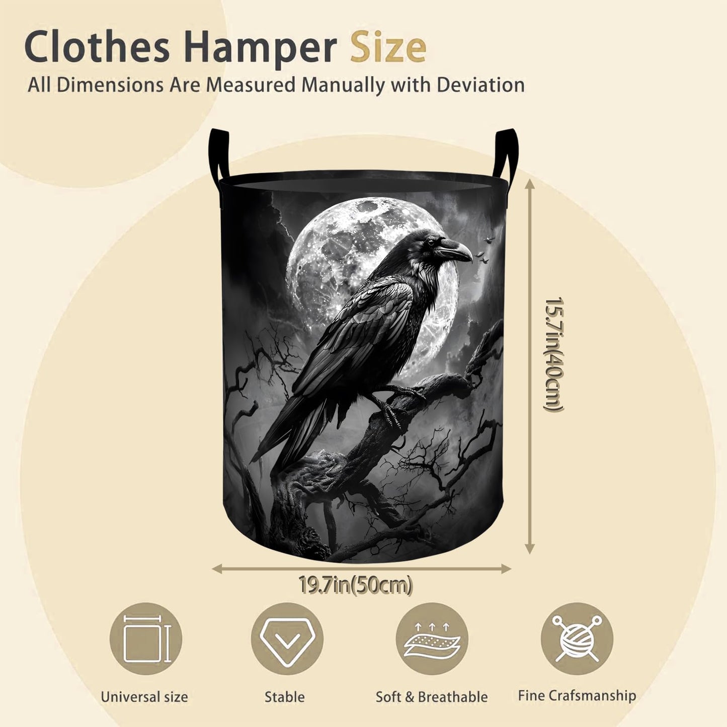 Raven Moon Laundry Basket Hamper for Boys Girls Kids Adults, Foldable Waterproof Oxford Clothes Storage Bin, Gothic Spooky Organizer for Bedroom Bathroom Room Decor 19.7"x15.8"