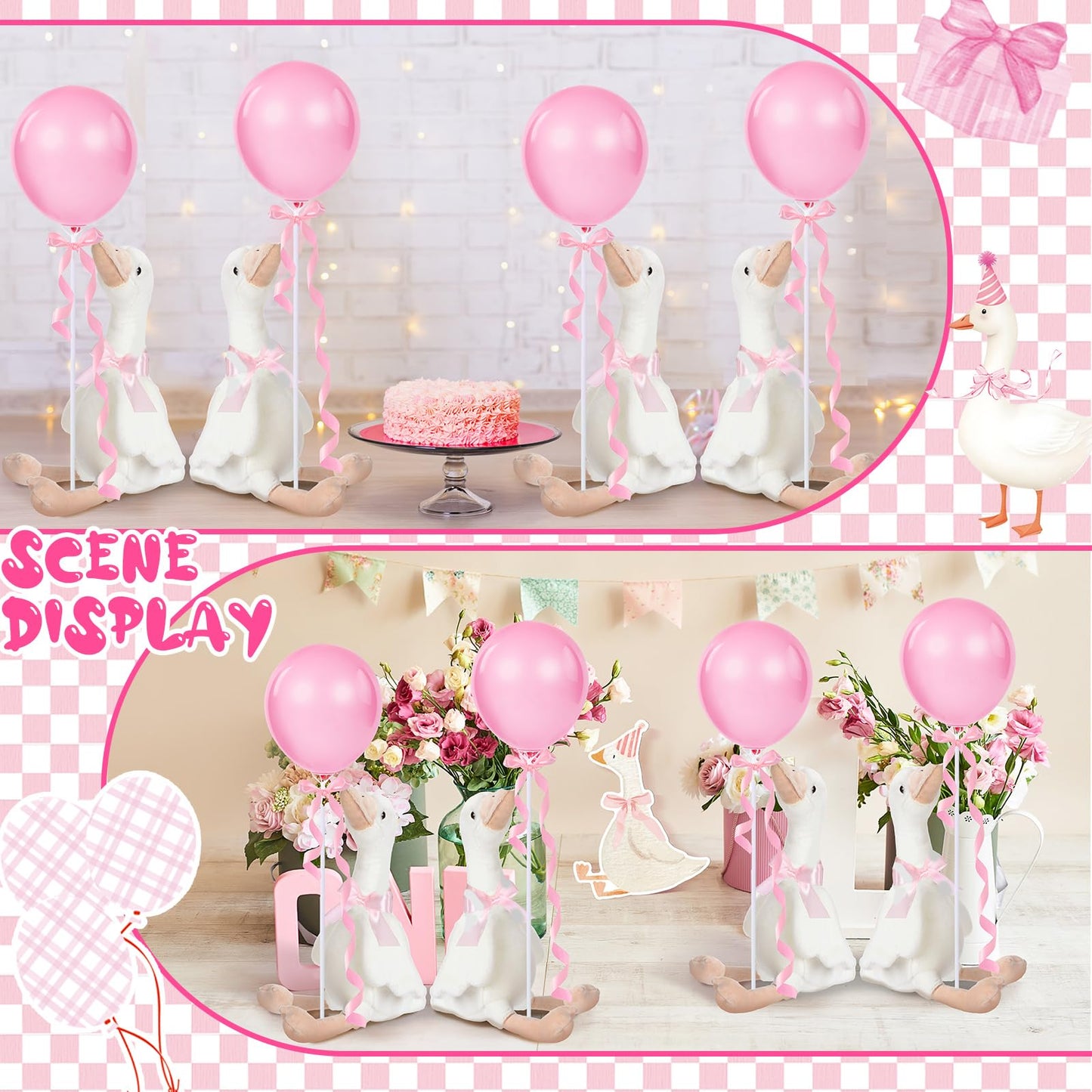 Chunful 6 Sets Pink One Silly Goose 1st Birthday Decoration 11.8 Inch Soft Goose Stuffed Animal Birthday Centerpieces Swan Stuffed Animal with Balloon Table Decor for Gifts