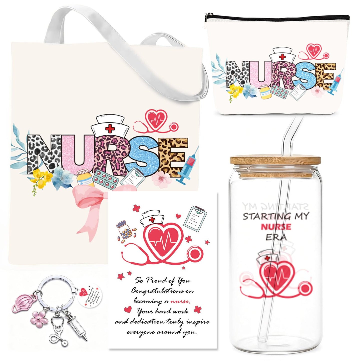 VeloKomo Nurse Gifts for Women - 5 Pcs Canvas Tote Bag Makeup Bag Glass Cup Keychain with Greeting Card Set Appreciation Graduation Retirement Nurses Week Gift for Nursing Student Daughter Coworkers