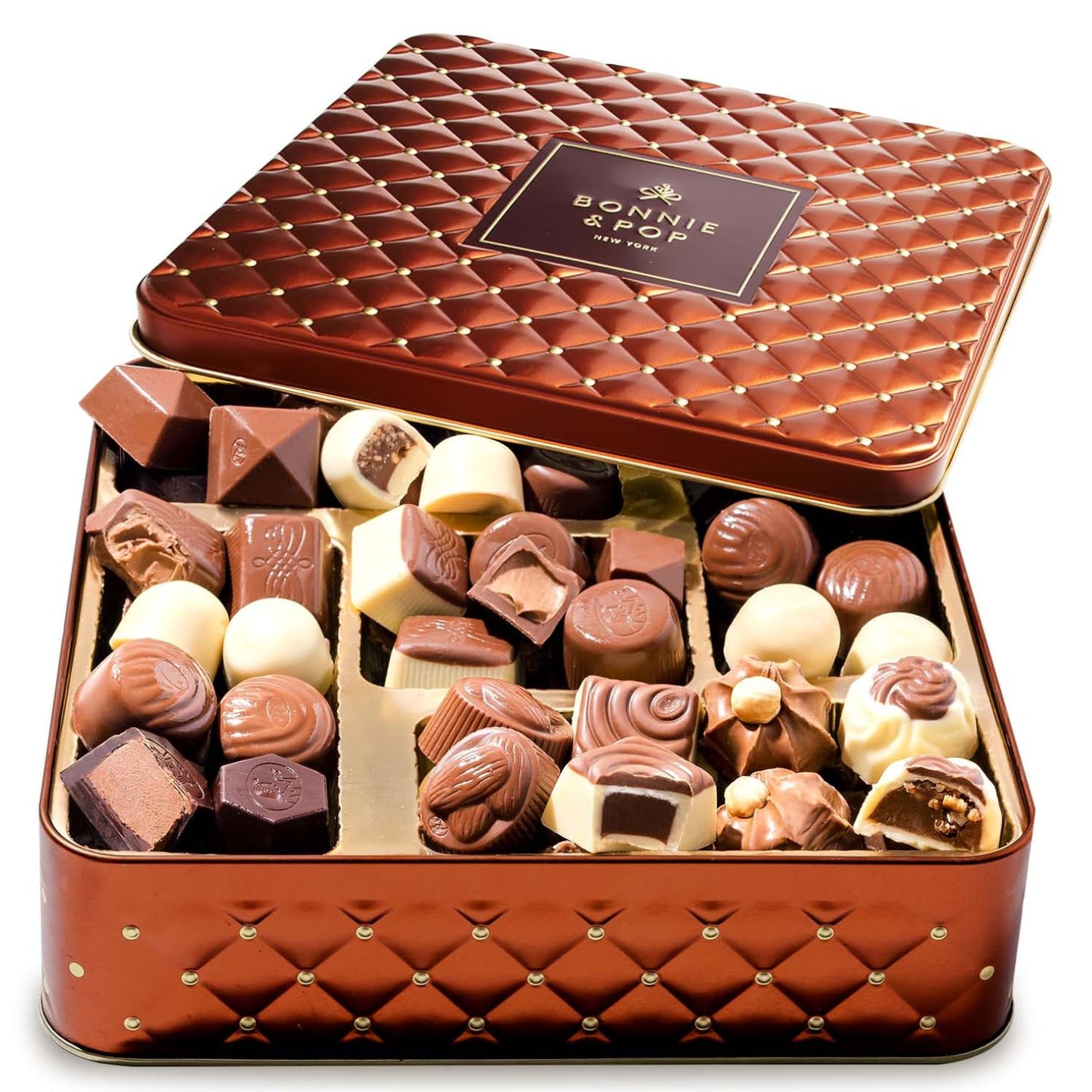 Chocolate Gift Basket– Holiday Candy Gift Box with Assorted Milk, Dark & White Chocolate Truffles – Food Present Idea for Men, Women, Corporate, Get Well, Sympathy, Birthday- Bonnie & Pop