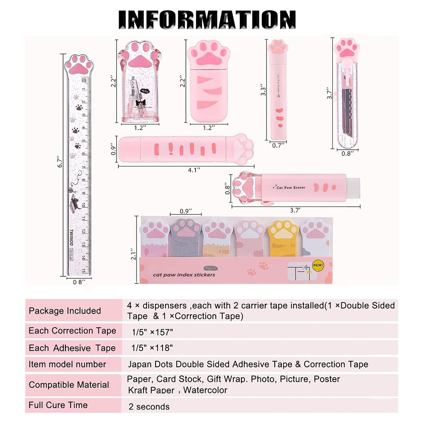 Cute School Supplies,Stationary Gift Set, Japanese Stationery Birthday GIFS, Includes Pencil Sharpener,Eraser, Correction Tape, Ruler, Mini Scissors,Utility Knife, for Office School Supplies (Pink)