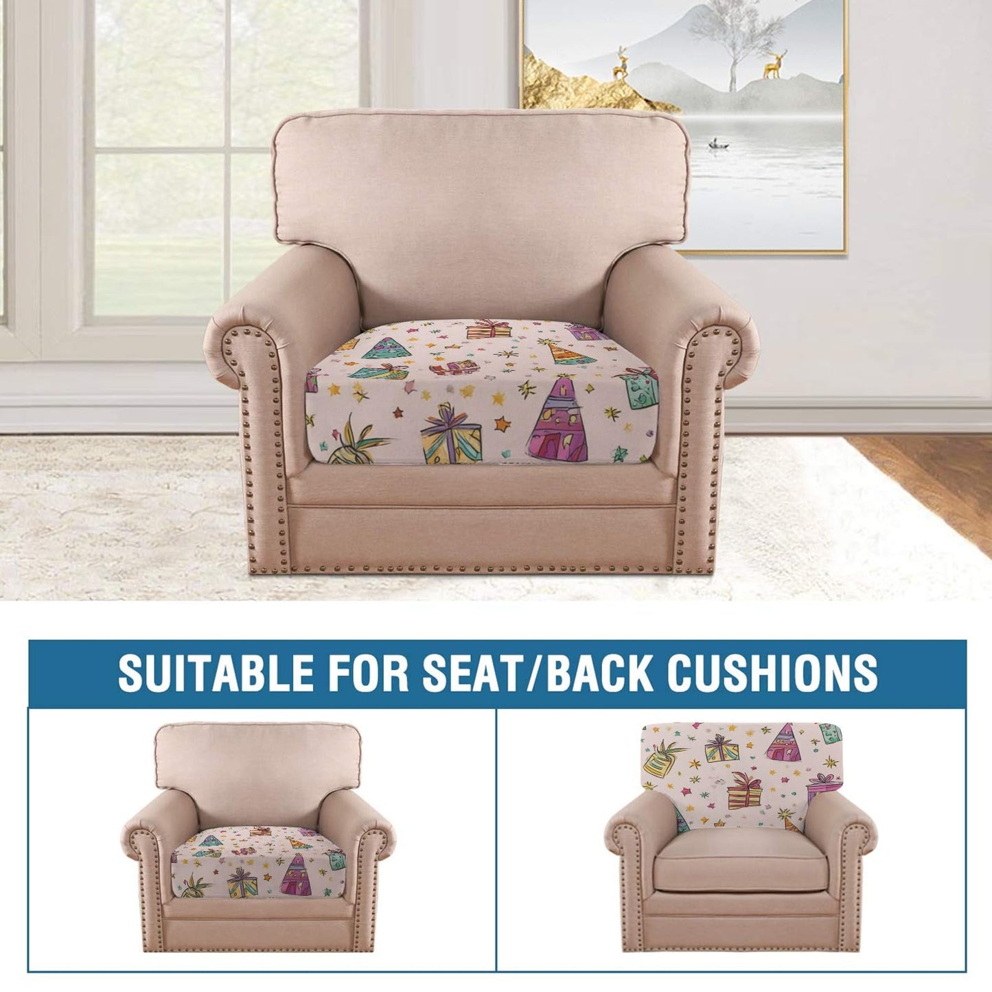 pnyoin Colorfule Gift Box Stretch Individual Seat Sofa Cushion Covers Elastic Couch Cushion Cover Slipcover Sets -2 Piece Sofa Cushion Covers