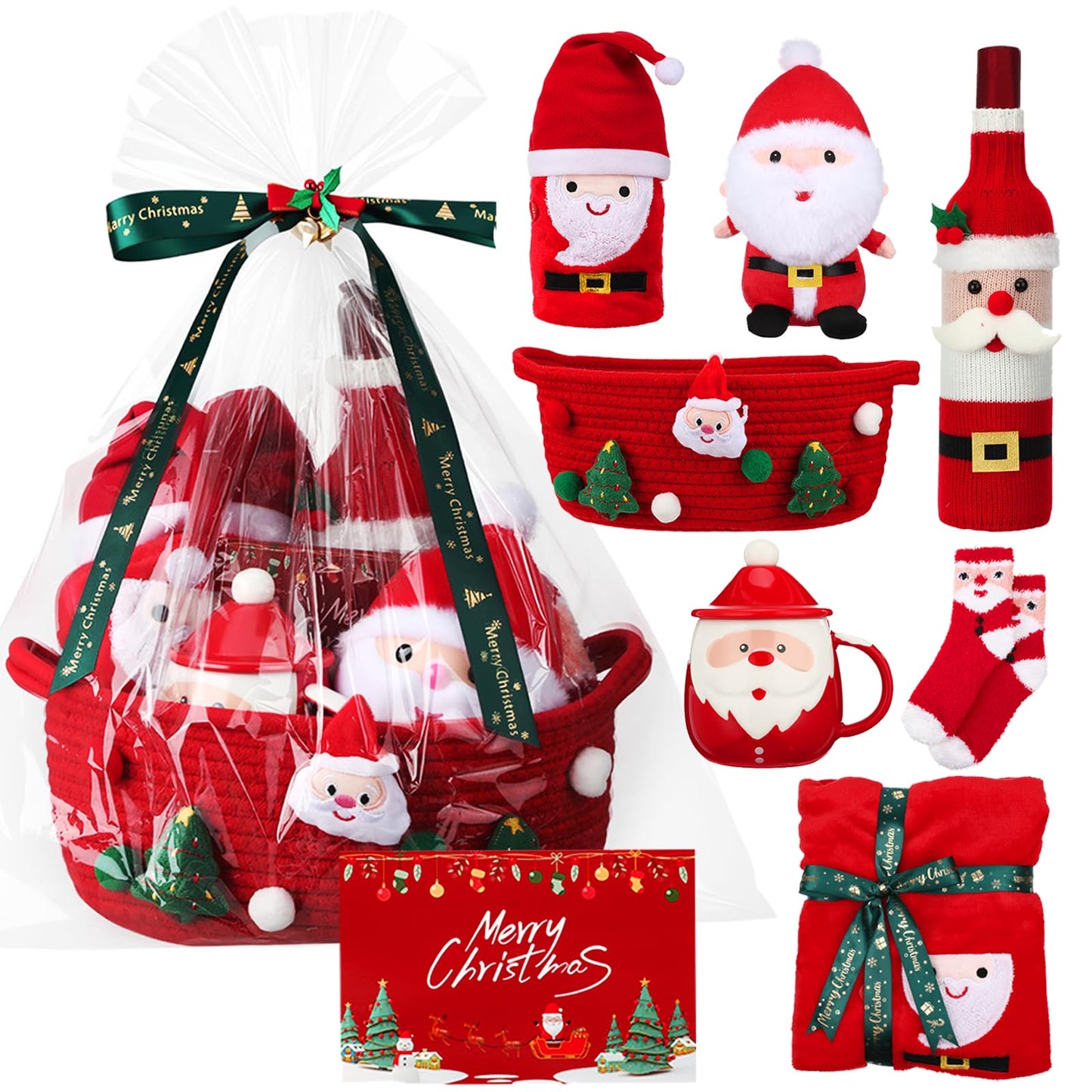 Ferrochef 7 Pcs Christmas Gifts Set for Women 2026 Christmas Gifts Basket with Santa Themed Mug Plush Doll Blanket Wine Bottle Cooler Holiday Card Merry Xmas Gift for Mom Coworker Friend Wife Sister