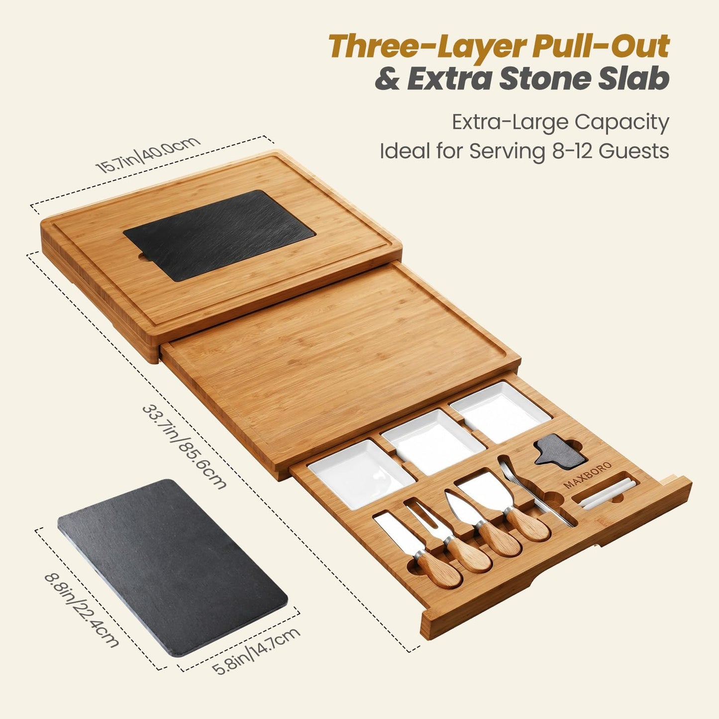 Extra Large 33.7x15.7 inch Charcuterie Boards Gift Set, 100% Bamboo Cheese Board and Knife Set, Cool Meat Cheese Platter Tray, House Warming Gifts New Home, Ideas for Women Mom, Carbonized Bamboo