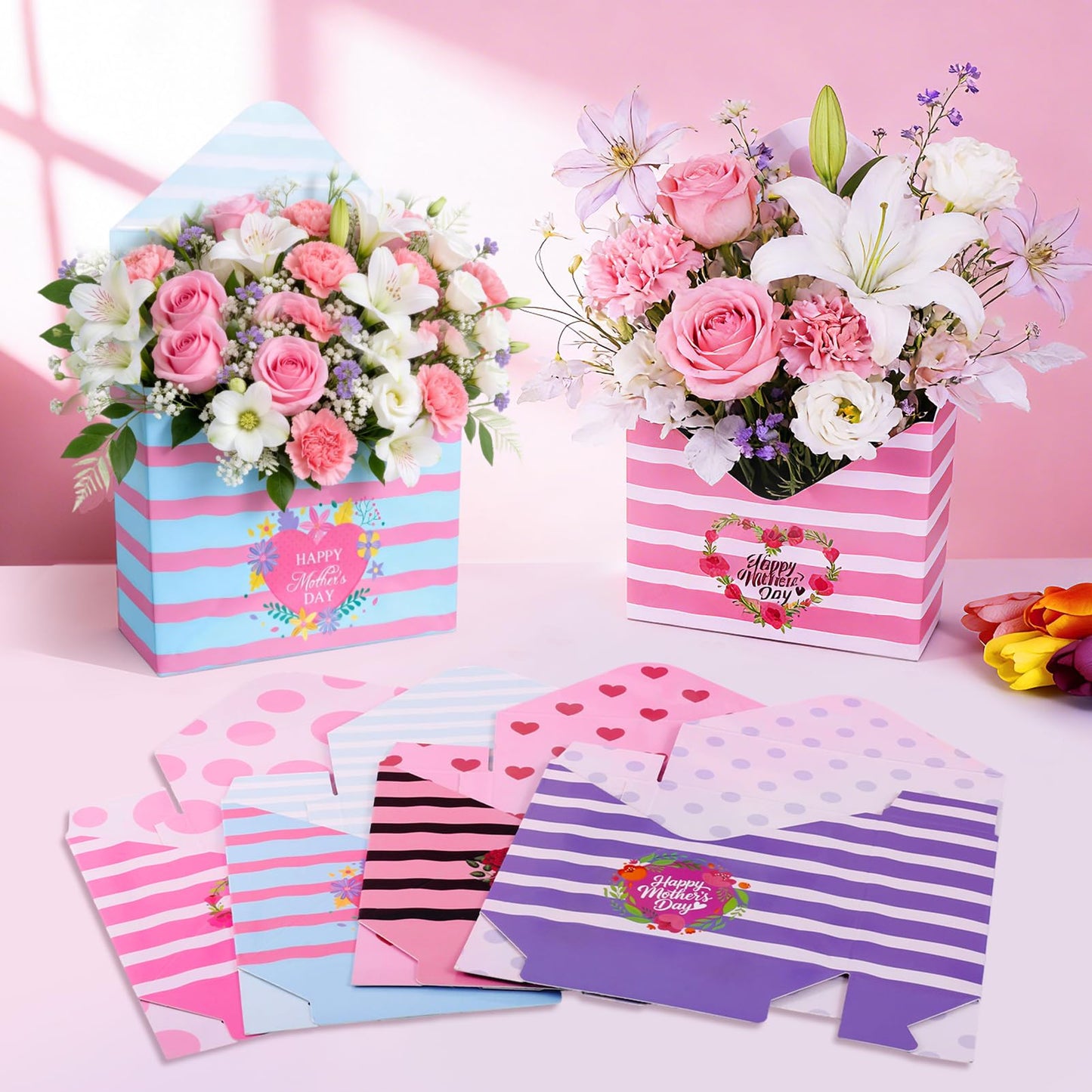 12 Pcs Gifts for Mothers Day Florist Box Mothers Day Bouquet Envelope Boxes Stripe Mother Gifts Floral Envelope Boxes Paper,Flower Bouquet Packaging Gift Box Wrapping for Wedding Birthday Party Decoration