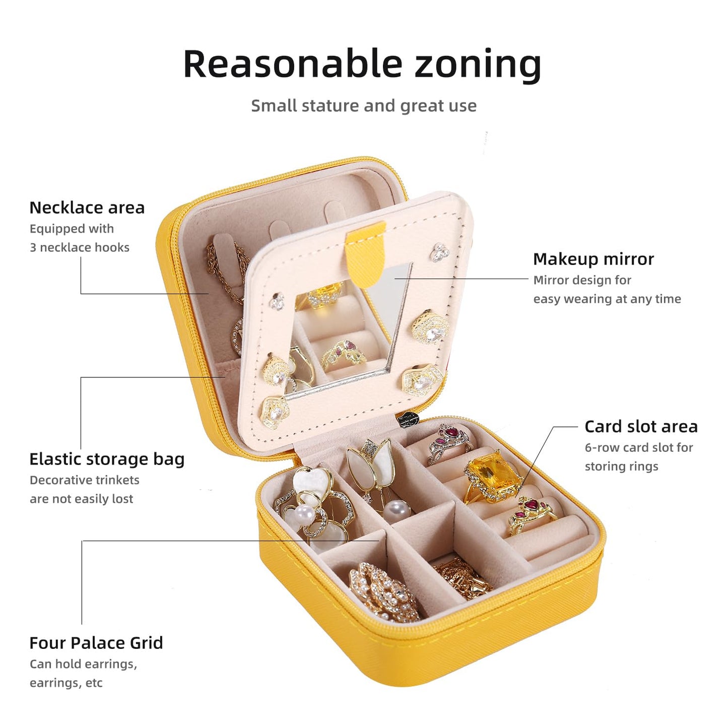 KElofoN Travel jewelry case Travel jewelry box Travel Jewelry Organizer Small Jewelry Organizer Box Gift for Girls Women with Mirror (Yellow)
