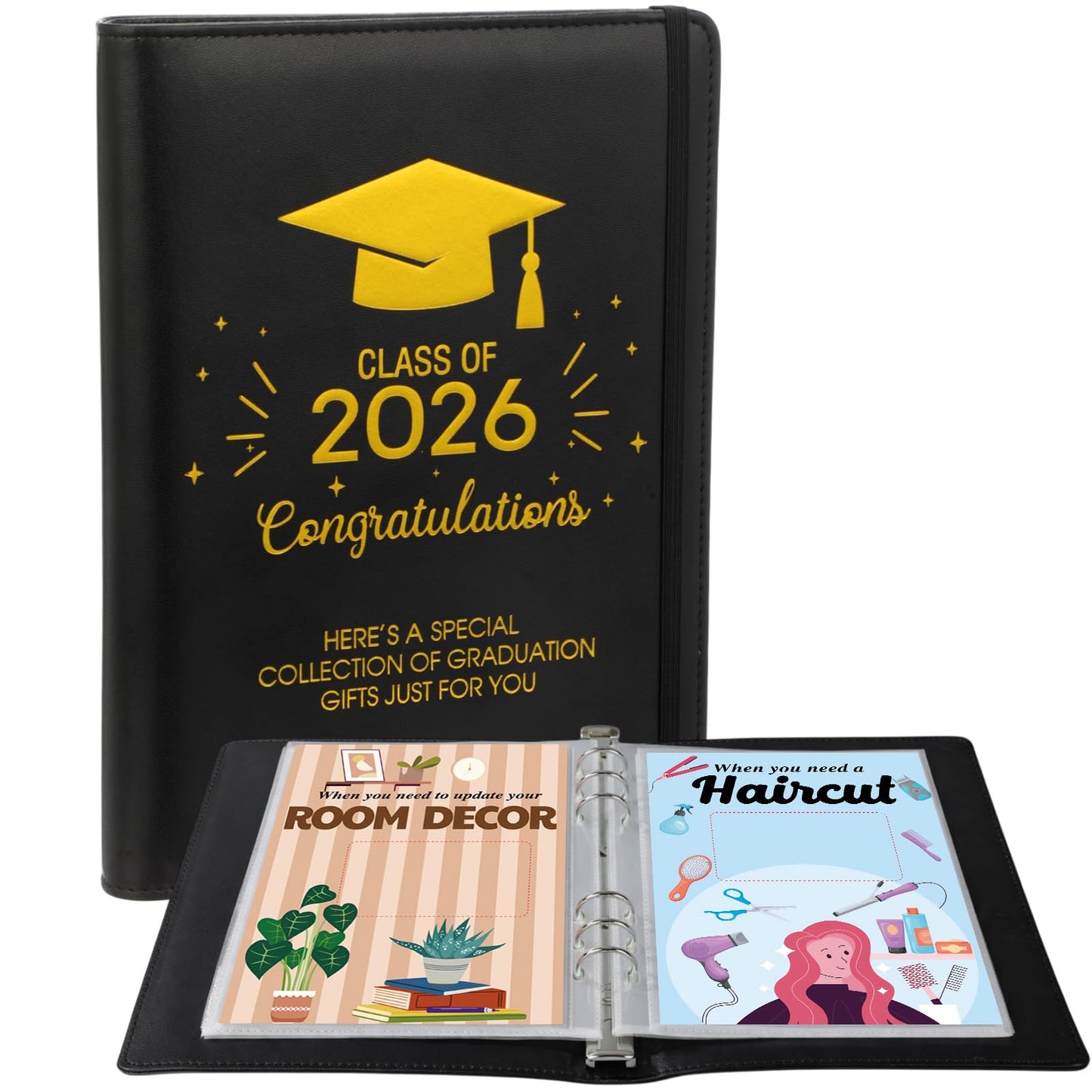Funrous College Gift Card Book 7 x 5 Inch, Class of 2026 Graduation Gift Card Holder Book for Her/Him, First Year of College Survival Kit, 25 Cards Booklet for Graduates, Black Gold