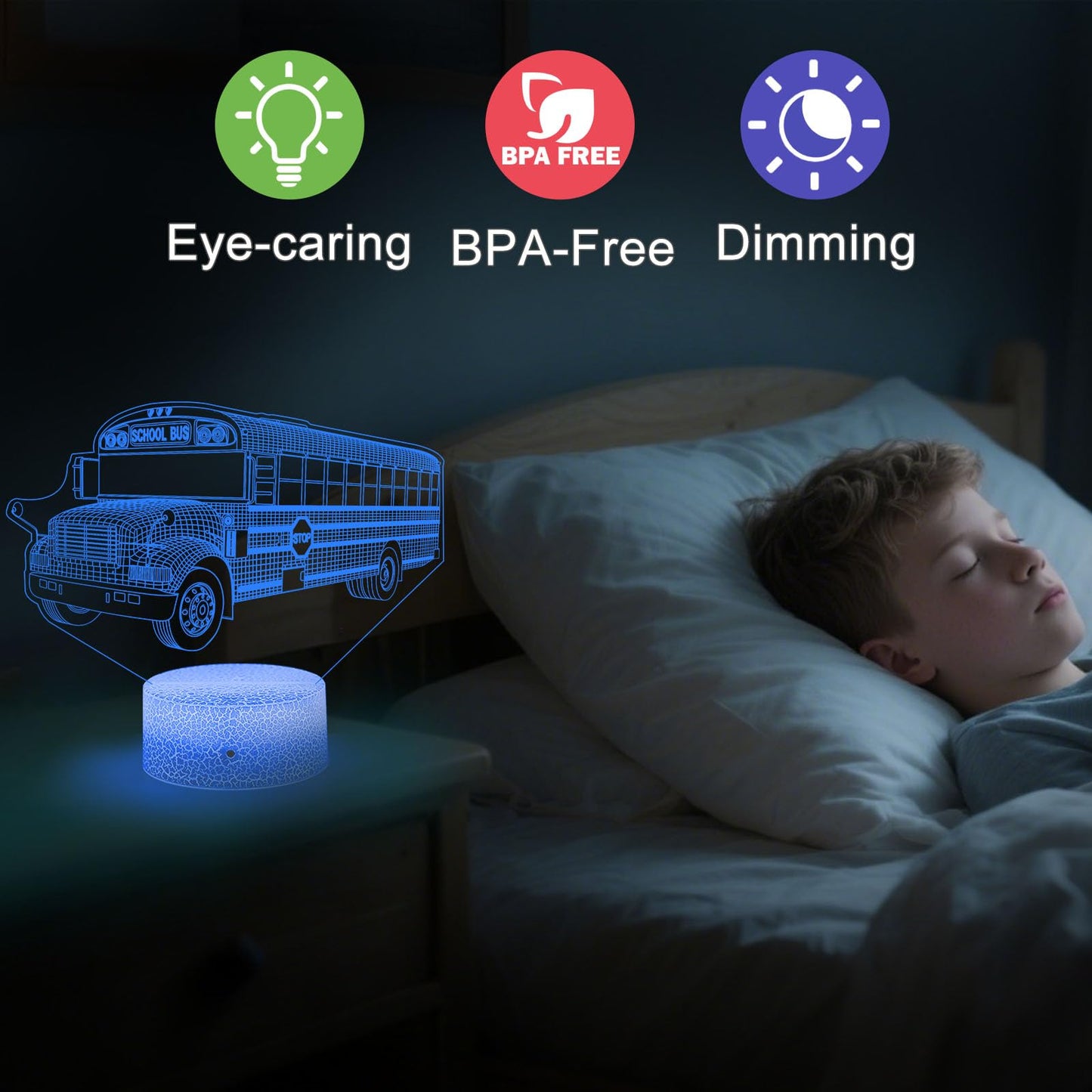 School Bus Night Light Bus Driver Appreciation Gifts Bedside Lamp 3D Illusion Lamp with 16 Colors & Flashing Modes with Remote Control Opreated Dimmable, Boys Girls Room Decoration, Holiday Xmas Gifts