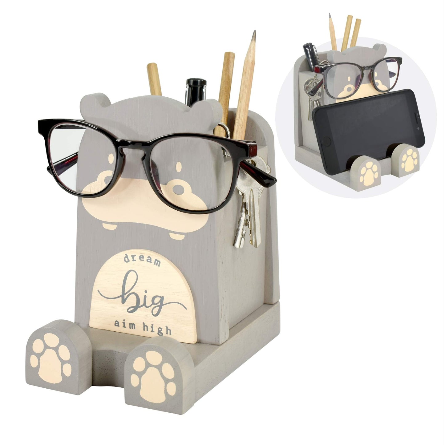 I'm Wood Multipurpose Eyeglass Phone Pen & Pencil Holder Stand Stationery Desk Box Organizer Accessories Decor Home Office Desktop Birthday Graduation Gifts “Dream Big Aim High” (Hippo)