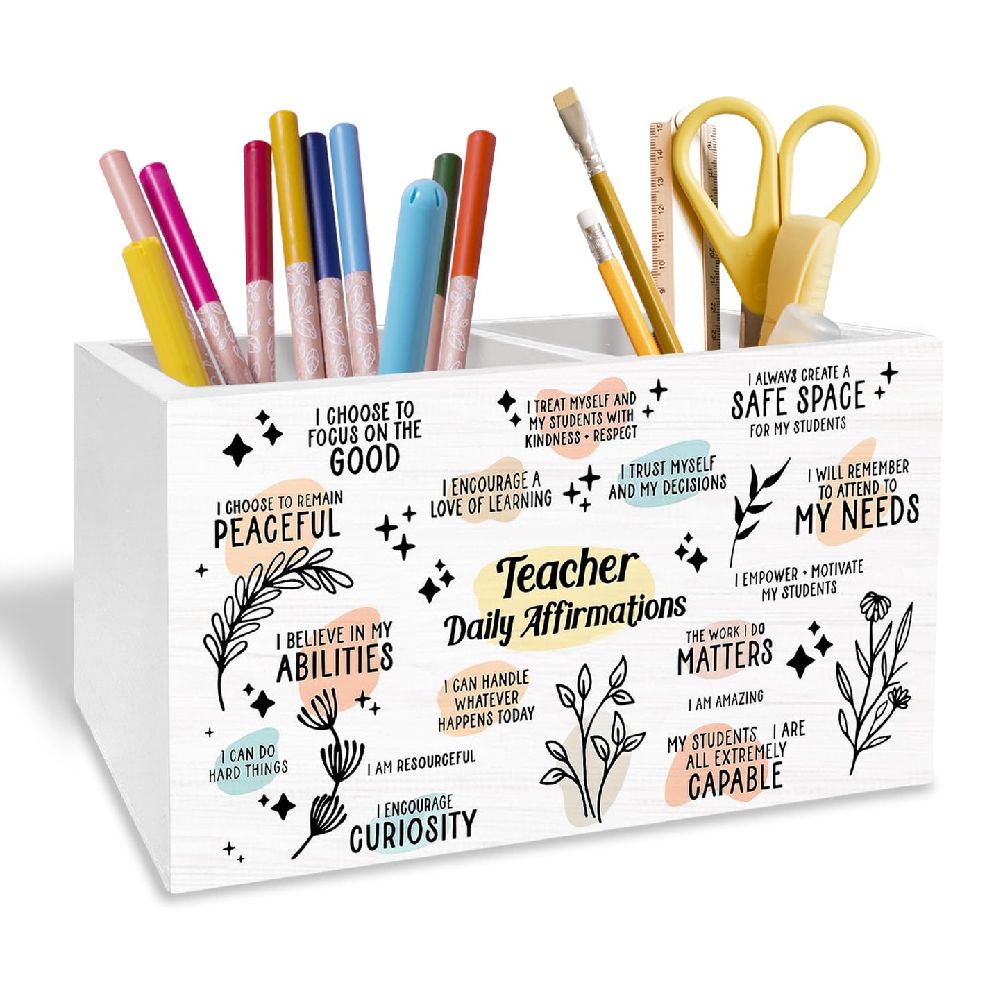 METNBASYY Teacher Daily Affirmation Pen Holder for Desk, Teacher Appreciation Gifts Pencil Organizer, Inspirational Quotes Wooden Box Sign Desk Decor for Teachers Office Home Decoration