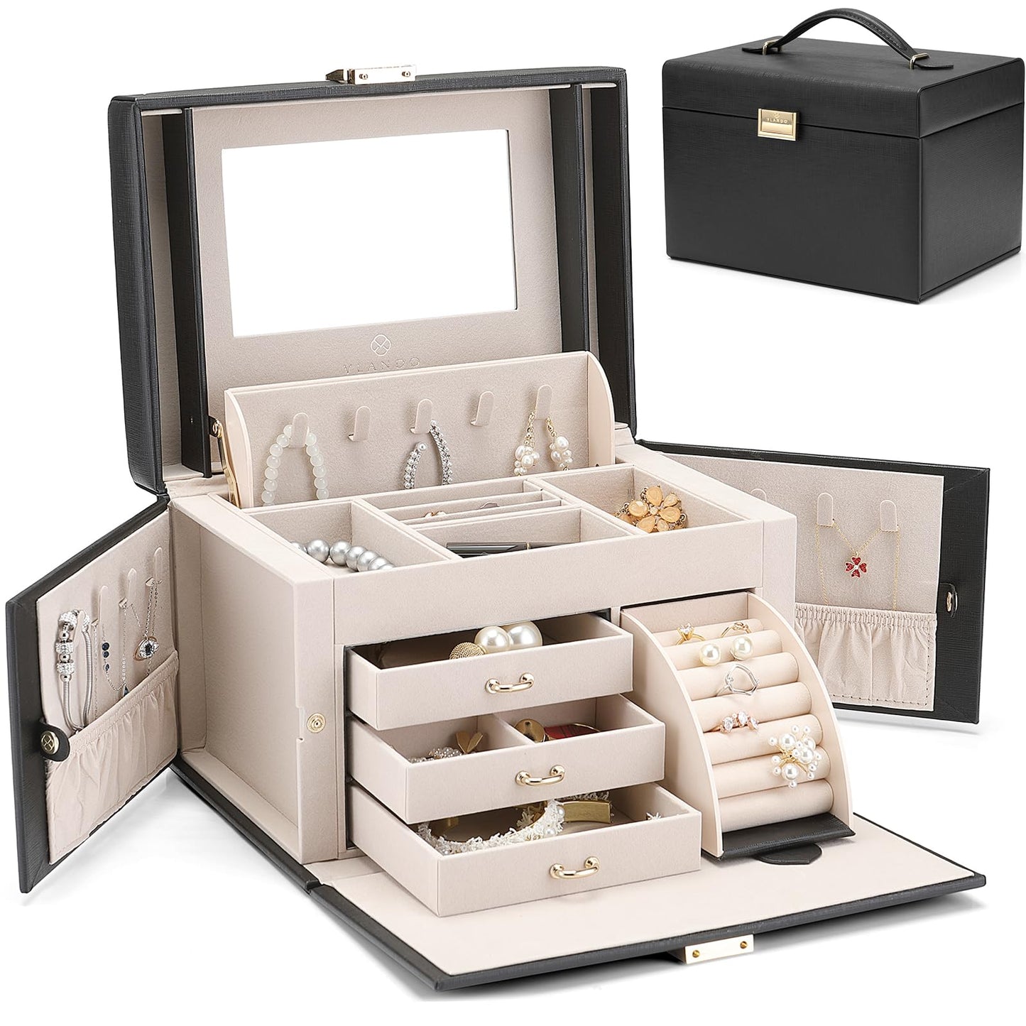 VLANDO Jewelry Box Organizer for Girls Women, Large Baroque Jewelry Holder Organizer with Mirror, 3 Drawers for Bracelets, Earrings, Rings, Necklaces, Mothers Day Gifts for Loved One, Black
