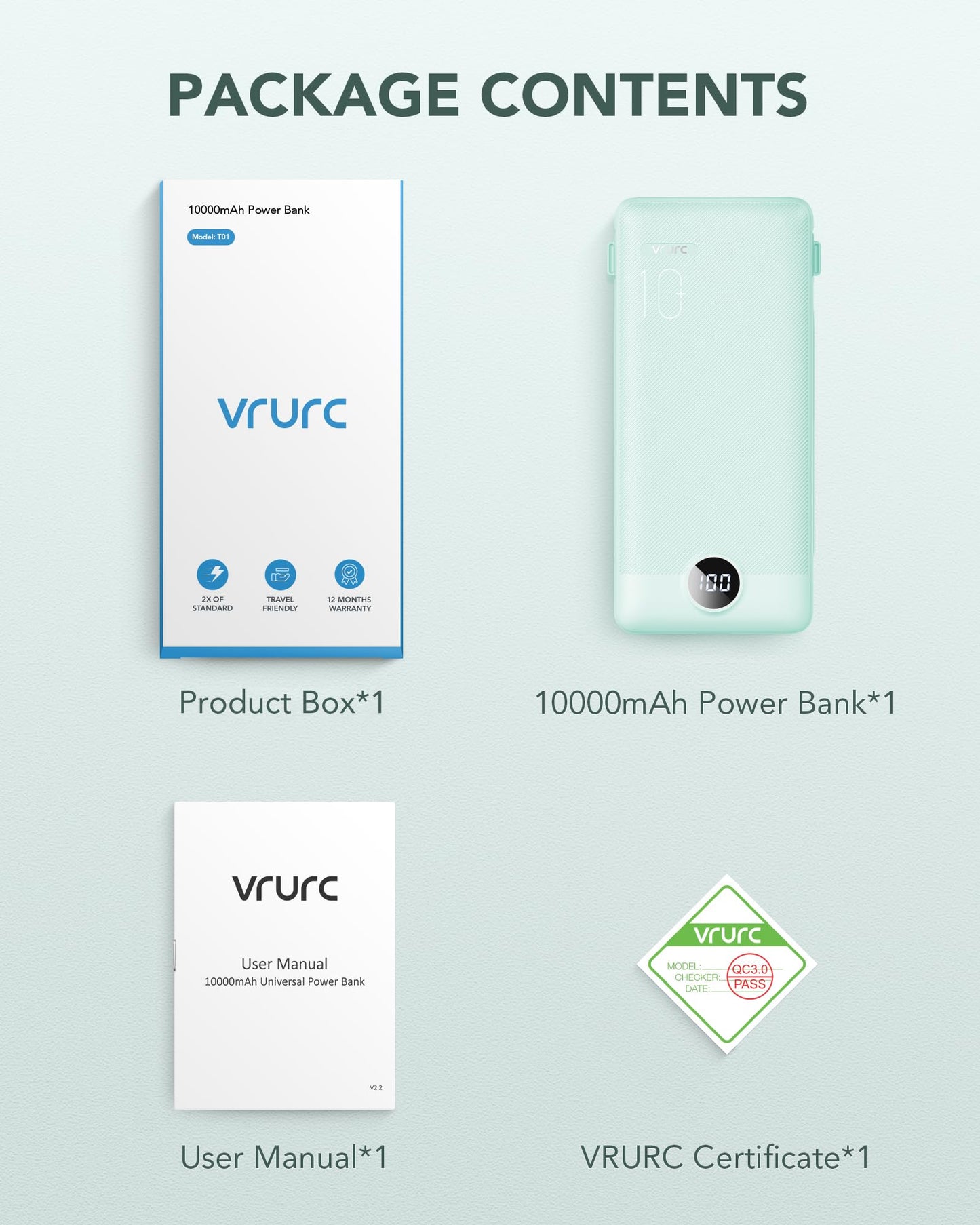 VRURC Portable Charger Built-in Cables and AC Wall Plug, USB C Power Bank 10000mAh, Travel Battery Portable Phone Charger Compact Lightweight External Battery Pack for Smart Phones, Tablets etc-Green
