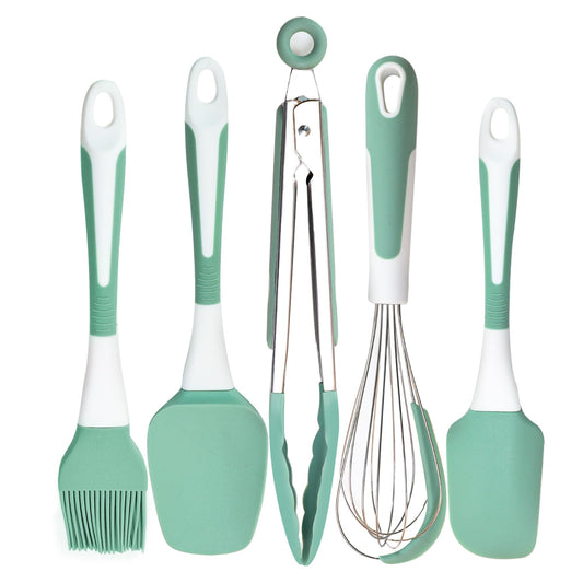 XoYoZo Silicone Kitchen Cooking Utensils Set Heat Resistant, 5 Pcs Silicone Spatula Set for Baking Cooking Mixing, Silicone Cooking Utensils Set for Nonstick Cookware, Dishwasher Safe (Green), Medium