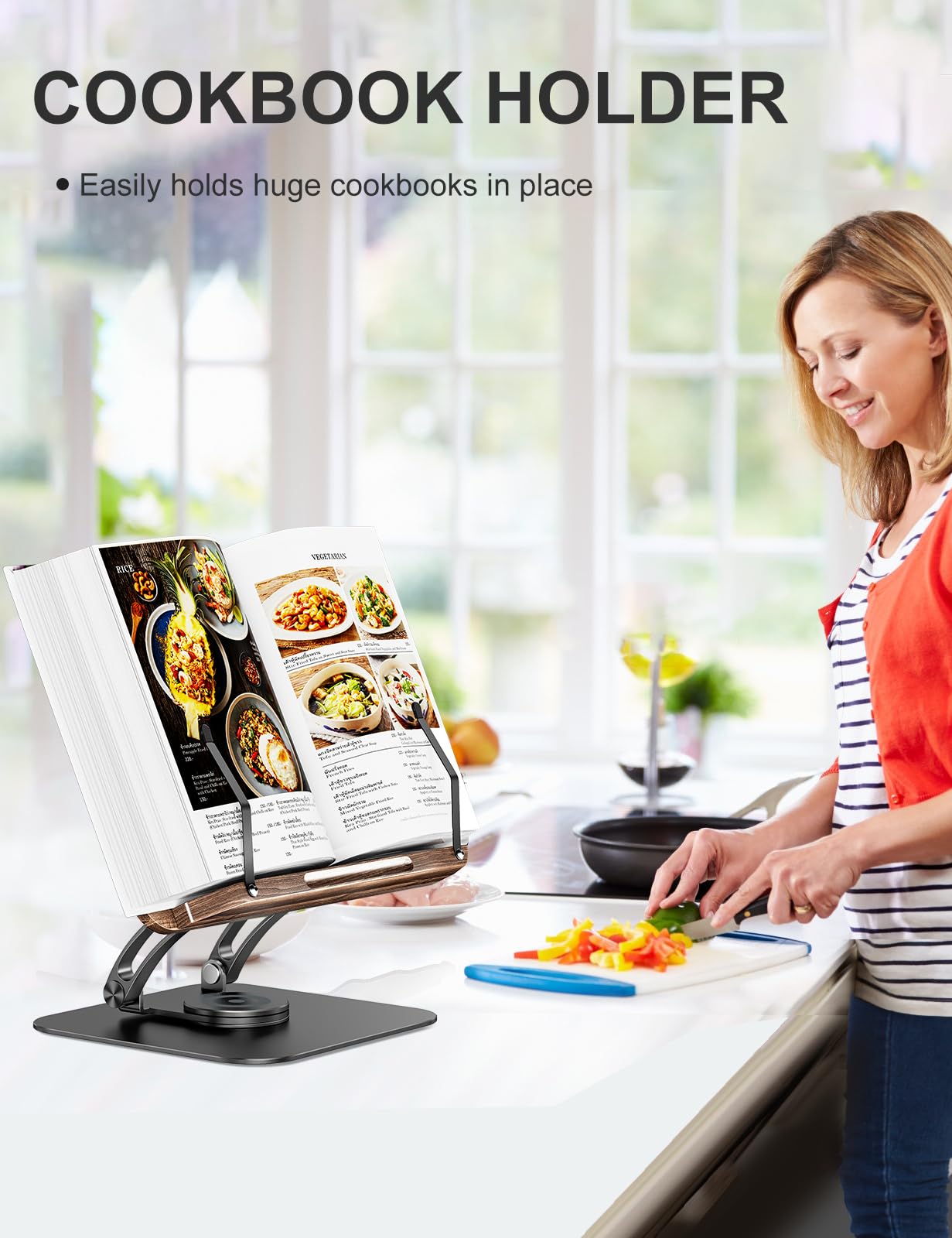 Tounee Book Stand for Reading, Adjustable Book Holder with 360° Swivel Base, Foldable Cookbook Stand Recipe Book Holder with Elastic Page Clips for Music Scores, Recipe, Tablet, Laptop-Black