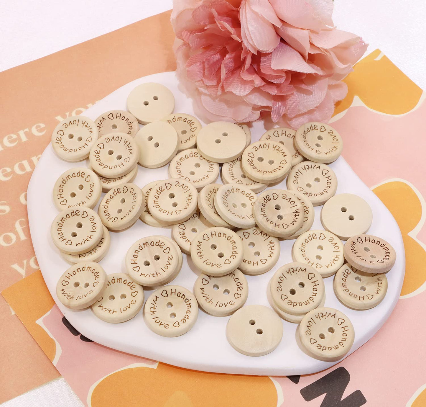 Shapenty Wooden Handmade with Love Buttons 2 Holes Round Sewing Buttons for Gift Giving Crochet Knitting Craft Projects Scrapbook Clothing Hats Sweater Decor Accessories, 50PCS (20mm)