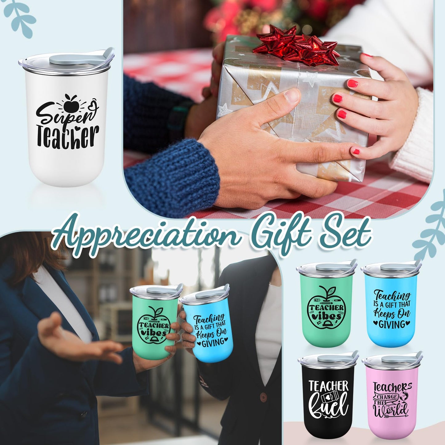 LemonRoad 10 Pcs Teacher Appreciation Gifts Coffee Mugs Bulk 10 oz Teachers Stainless Steel Tumblers Thank You Cups with Lids for Women Men End of The Year Gifts (Super Teacher,Morandi Color)