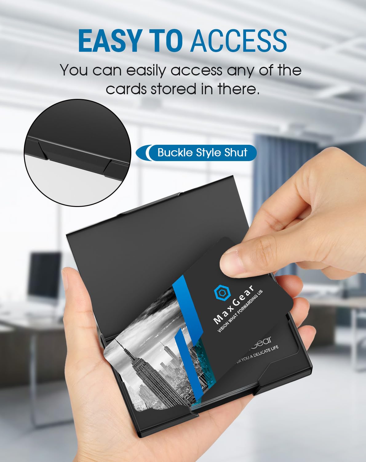 MaxGear Heavy-Duty Metal Business Card Holder for Men & Women, Stainless Steel & ABS Card Case for Business Cards, Slim Purse Name Cards Holders with Black Titanium Coating, Buckle Style Shut, Black