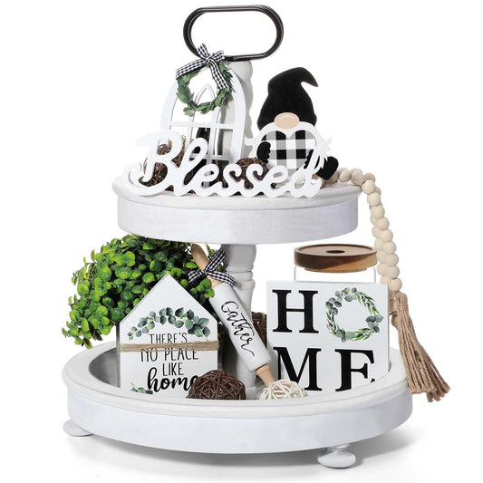 Yalikop 10 Pcs Farmhouse Decor for Tiered Tray, Black White Buffalo Plaid Gnome Wooden Mini Sign Rustic Table Ornaments for Kitchen Table Decor, Housewarming Gift (Cute Style)