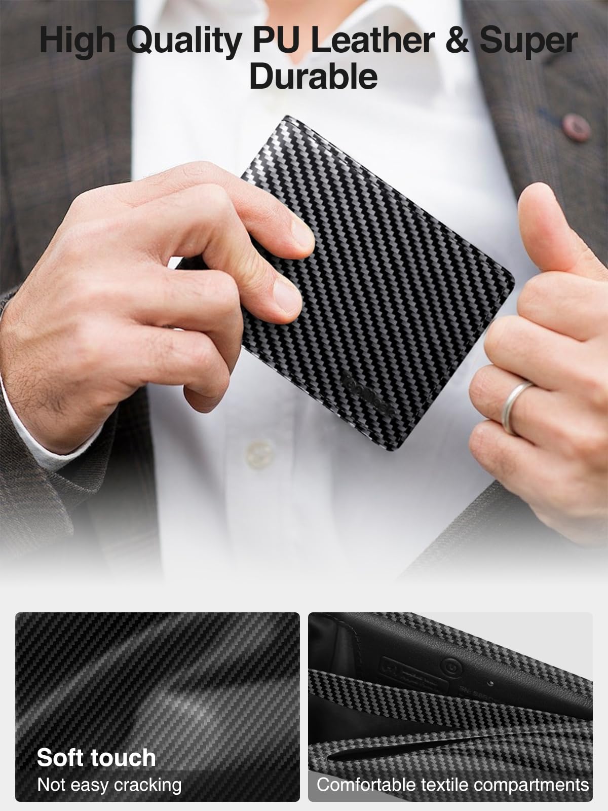 TopMade Mens Wallet with Smart Tracker, Genuine Leather Bifold Wallet Works with Find My, 13 Cards Holder with ID Window, Cash Slot, Coin Pocket, RFID Blocking, GPS Wallet Tracker, Carbon Fiber Black