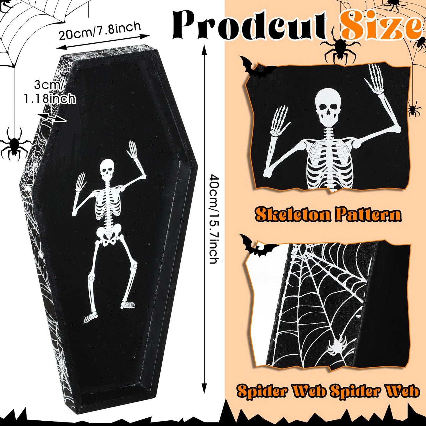 Teenyyou 15.7 x 7.8 Inch Halloween Coffin Charcuterie Boards with Skeleton Spider Web Decor Black Wood Coffin Serving Trays and Platters Halloween Candy Bowl Gothic Serving Box for Party Supplies