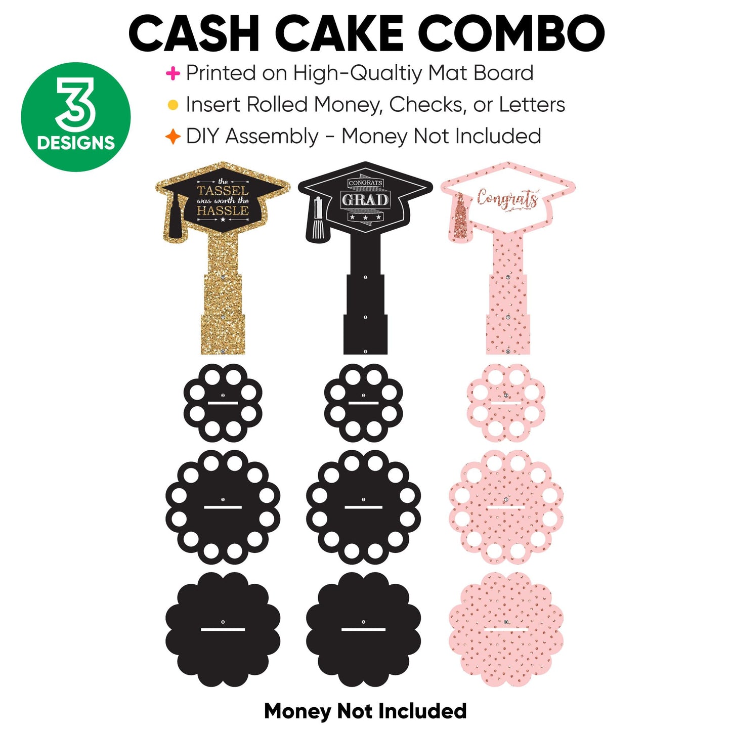 Big Dot of Happiness Graduation Money Gift Holder - DIY Celebration Cash Cake Stand with 20 Bill Slots, Black and White Decorative 2-Tier Cap Design, Party Display - Assorted Grad - Set of 3