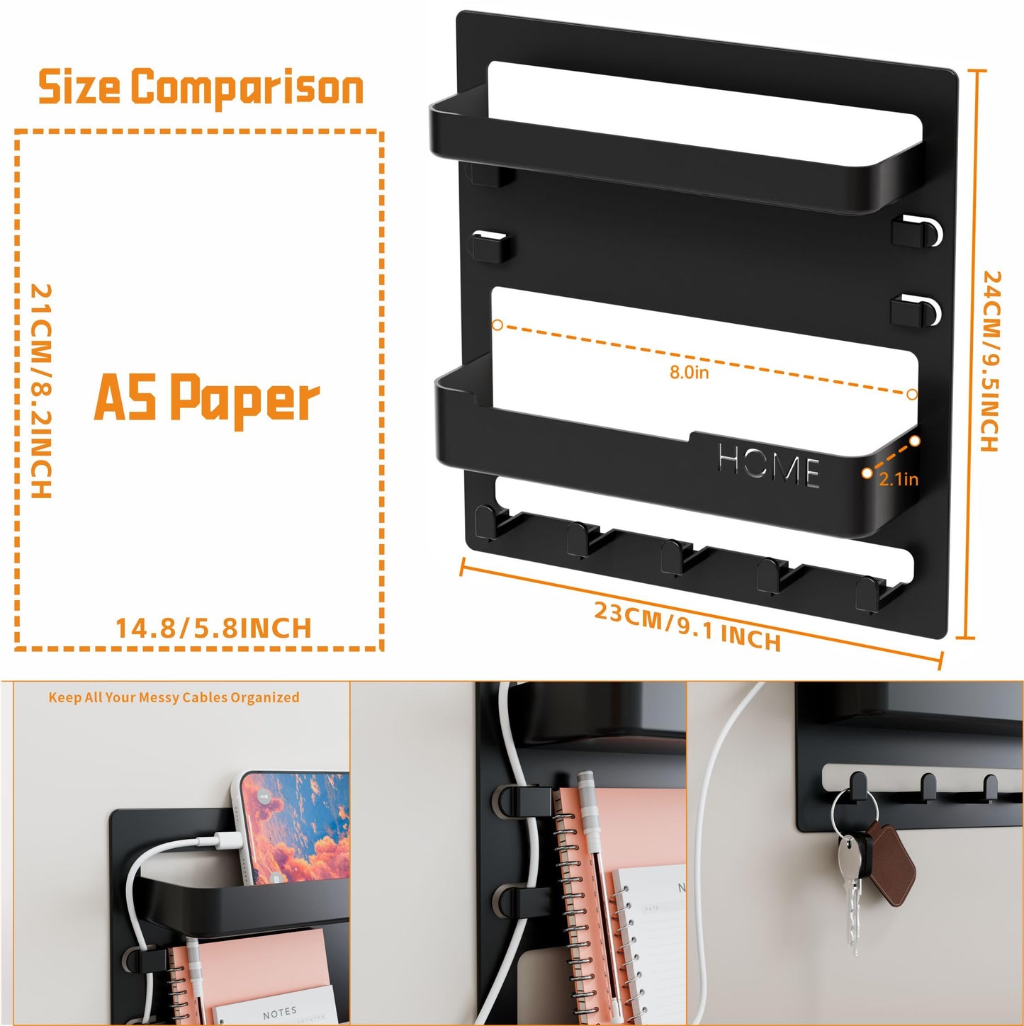 Yieach Bedside Shelf for Dorm Bed,Rv,Small Room and Nightstand,Wall Mounted Floating Shelves and Bedside Wall Organizer for Remote,Phone Holder,Charging Shelf,Cute Bedroom Decor for College Girl,Black