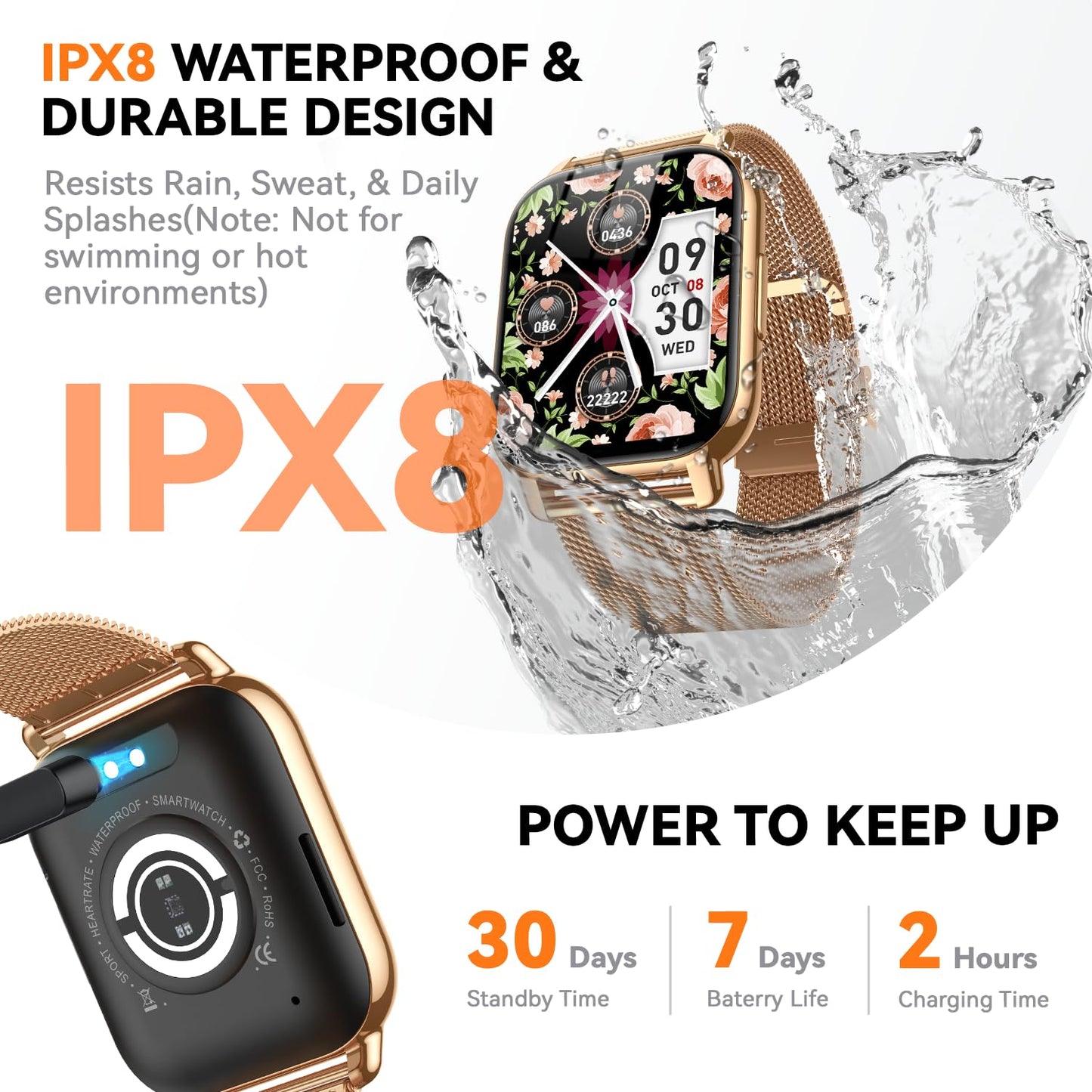 Kriutefy Smart Watch for Women (3 Bands), Fitness Tracker with Bluetooth Calls, IPX8 Waterproof Smartwatch for Android iPhone, 112+ Sport Modes, Heart Rate/Sleep/SpO2 Monitor, Gold