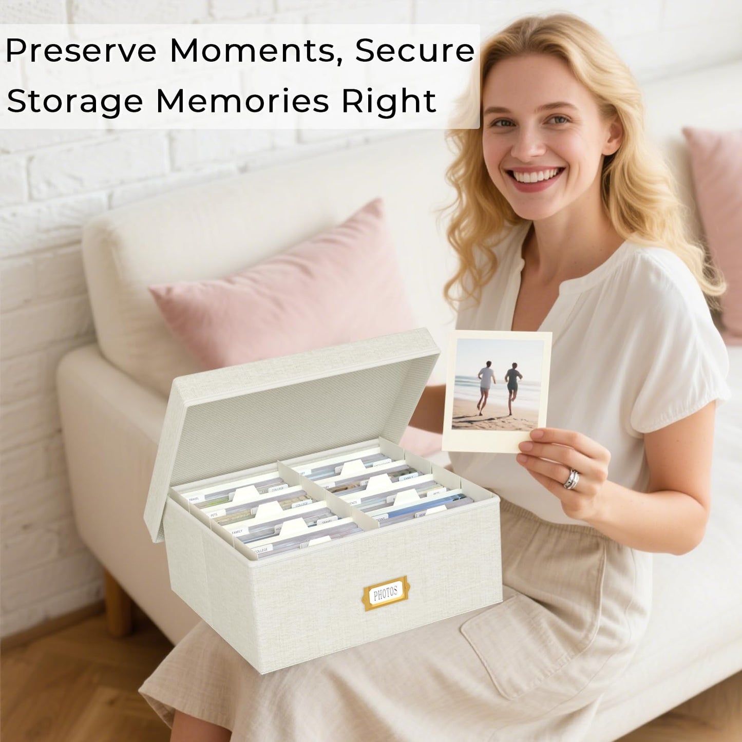 Decorative Photo Storage Box - Linen Photo Box Organizer with Dividers, Fits Holds Up to 1700 Pictures and 4x6 Photos, Memory Keepsake Organizer for Photos, Scrapbook Supplies, Cards, Stamps (Beige)