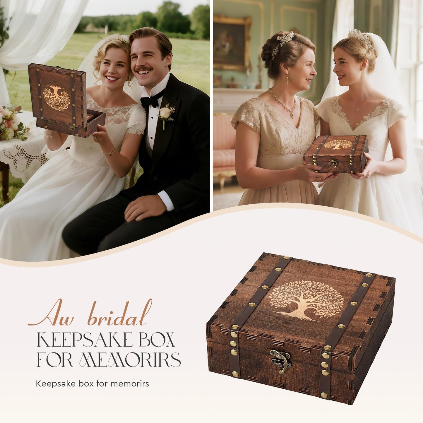AW BRIDAL Wedding Keepsake Box with Tree of Life Engraved, Wood Decorative and Storage Boxes, Bridal Shower Gifts for Bride, Engagement Gifts for Couples Newly Engaged, Anniversary Marriage Presents