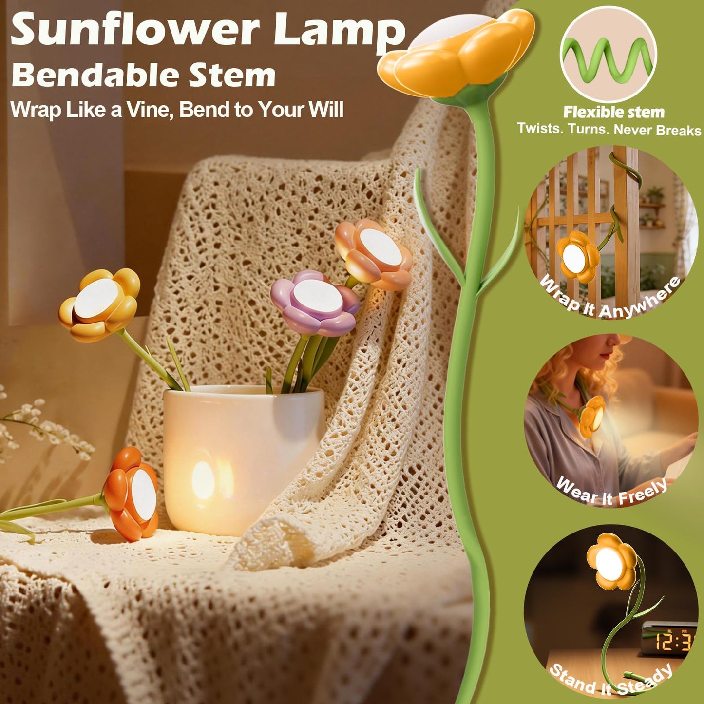 Pulazon Sunflower Desk Lamp,Rechargeable Neck Reading Light with Adjustable Flexible Gooseneck 3 Color Modes Adjustable Brightness,Cute Desk Lamp for Kids,Great Gift for Kids,Friends(Yellow)