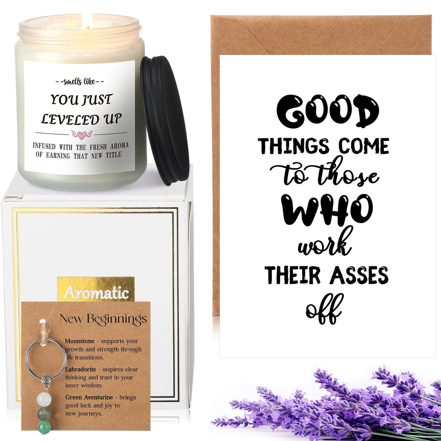 Lounsweer New Beginnings Gifts for Women Farewell Gifts for Coworkers Funny Promotion Gift Set for Women Men Include Candle, Key Chain and Card for Coworker, Gamer, Friend, Boss, Teachers, Nurses