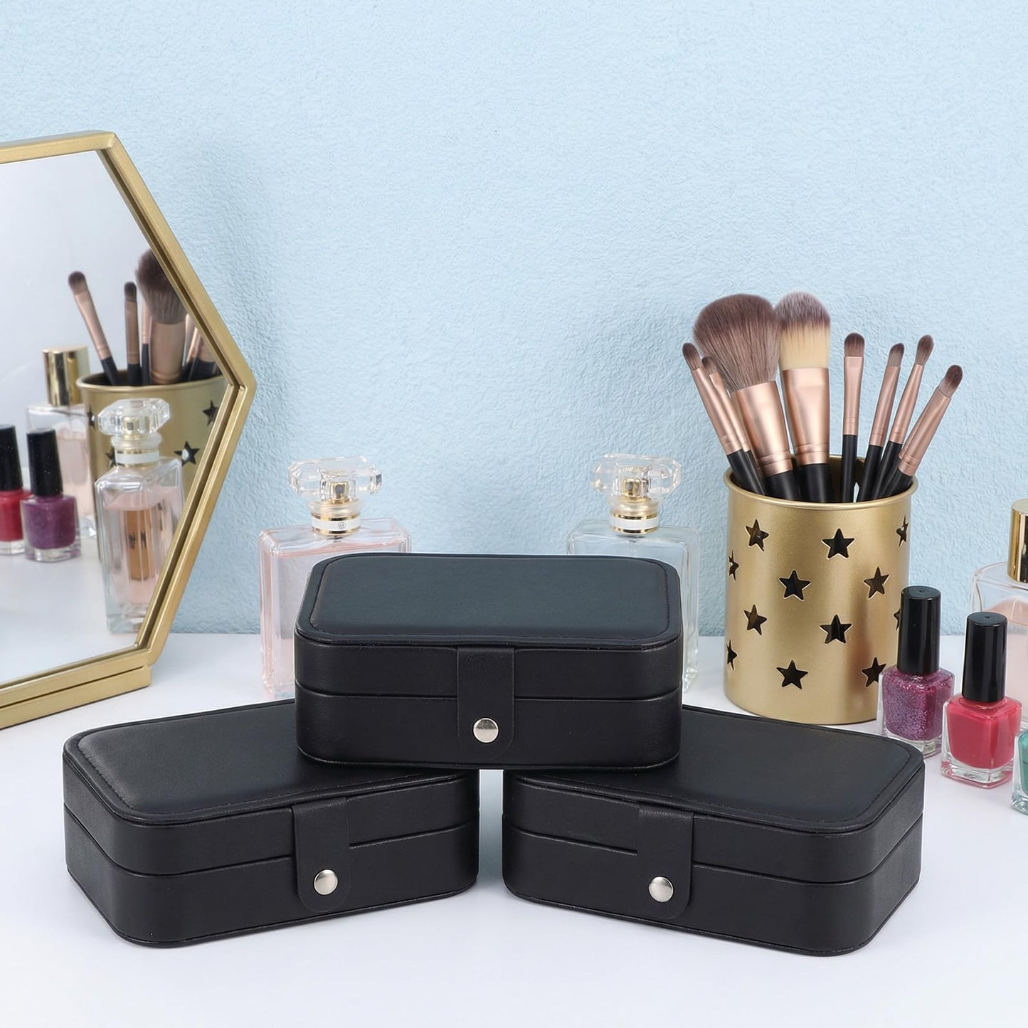 Lemecima Travel Jewelry Box, 6PCS Stud Earrings Organizer Case, Double Layer PU Leather Mini Jewelry Storage Display Holder for Rings Necklaces Bracelets, Portable Gift for Women Girls