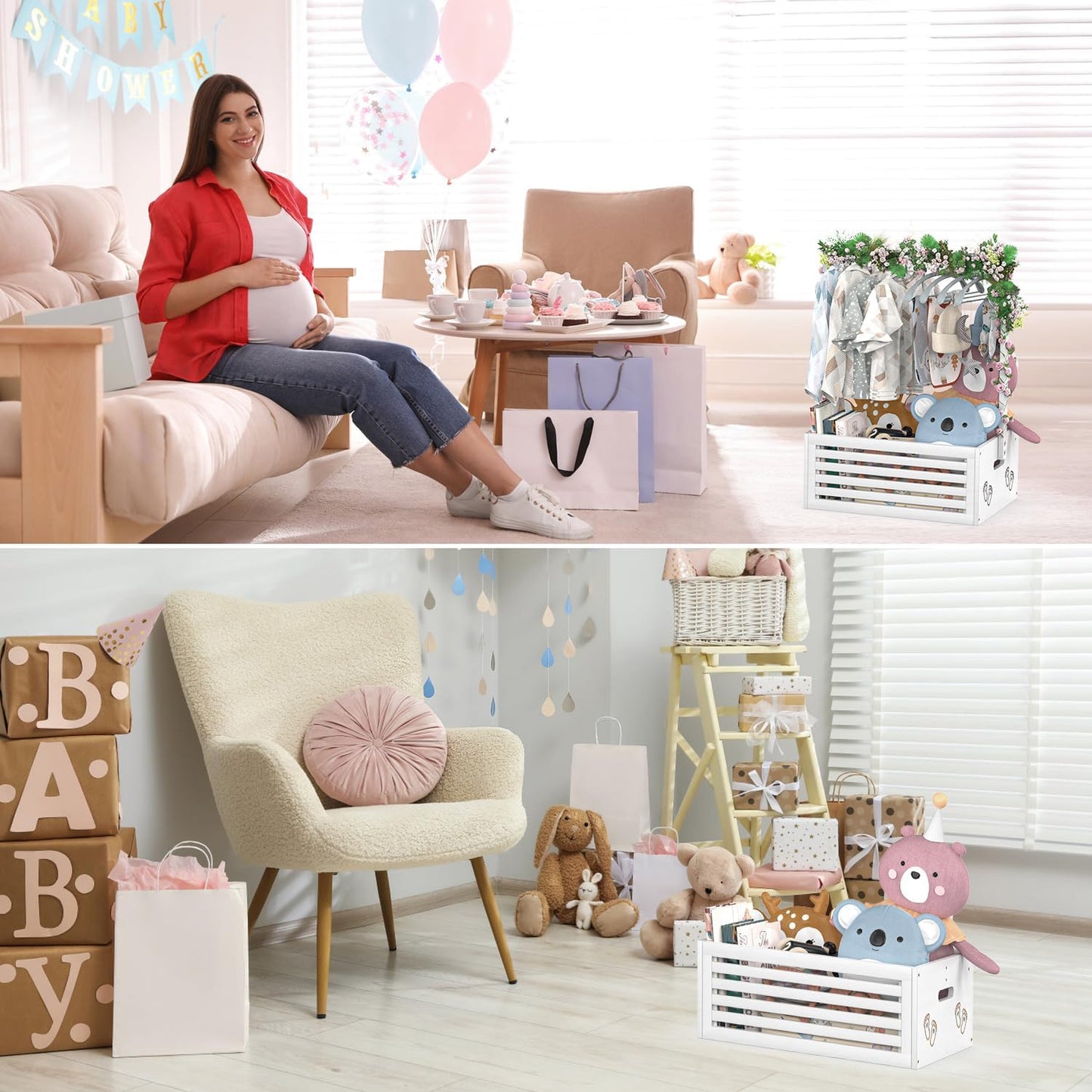 BAMBOOHOMIE Baby Shower Crate Closet, Baby Baskets with Hangers Handle, Baby Crate Box for Baby Shower, Welcome Gift Basket for Newborn Baby, Pregnancy Gift for New Parents (White, Large Size)