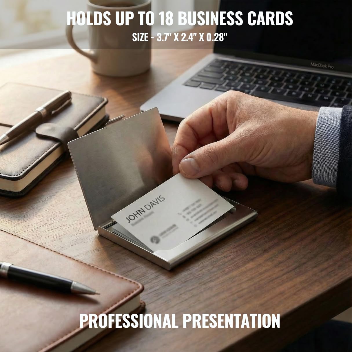 Business Card Holder, for Men and Women, Slim Minimalist Design Case, Stainless Steel Metal, Fits 18 Business Cards in Pocket