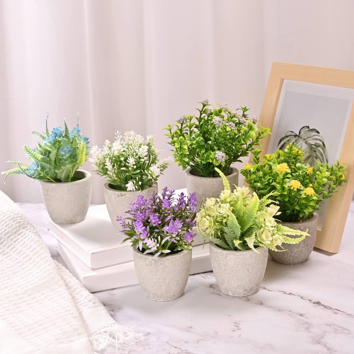 LUEUR Set of 6 Potted Artificial Flowers Arrangement, Fake Flowers with Vases Faux Flowers in Pot for Centerpiece Table Decorations Spring Decor for Home Office Desktop