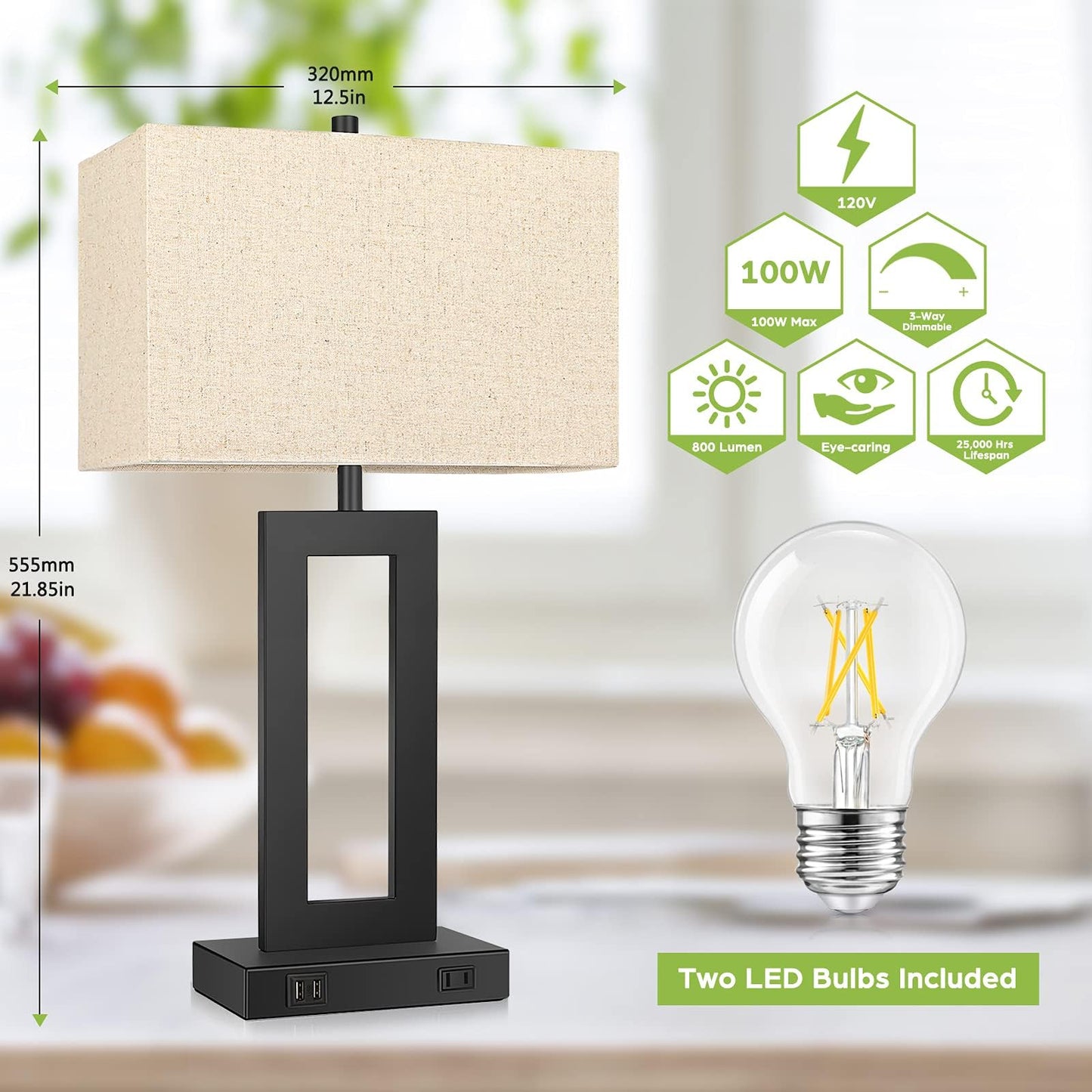 Set of 2 Touch Control Table Lamp with 2 USB Ports, 3-Way Dimmable Modern Nightstand Lamp Sets Bedside Touch Desk Lamp with Fabric Cream Shade For Bedroom Table Living Room Reading, Included Bulbs