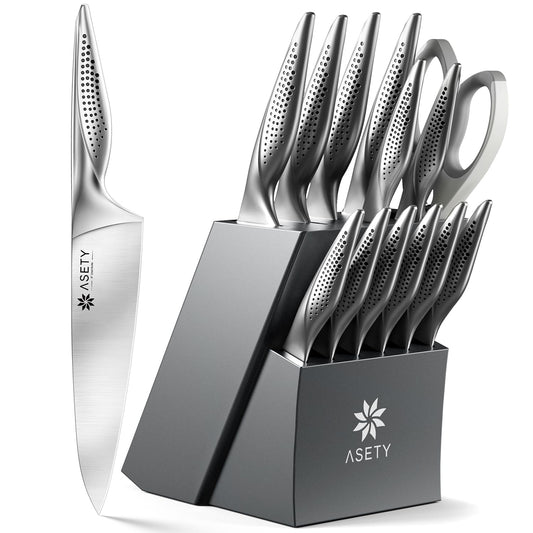 ASETY Knife Set - Ultra Sharp Knives Set for Kitchen with block, 15 PCS Stainless Steel Knife Set with Built-in Sharpener, Ergonomic Non-Slip Handle, Elegant Box for Men Women, Mothers Day